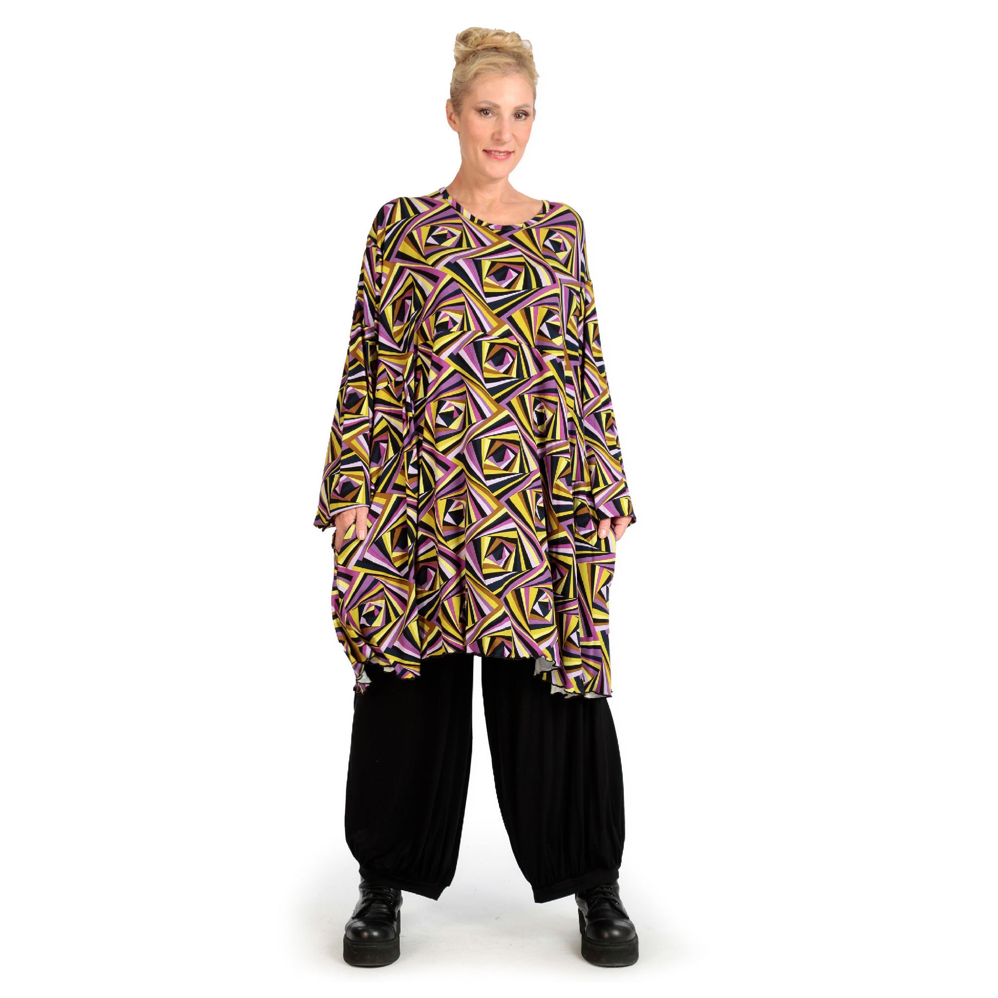  A-Form Bigshirt von AKH Fashion aus Viskose, 1123.06866, Lila-Gelb-Flieder, Schick, Modern