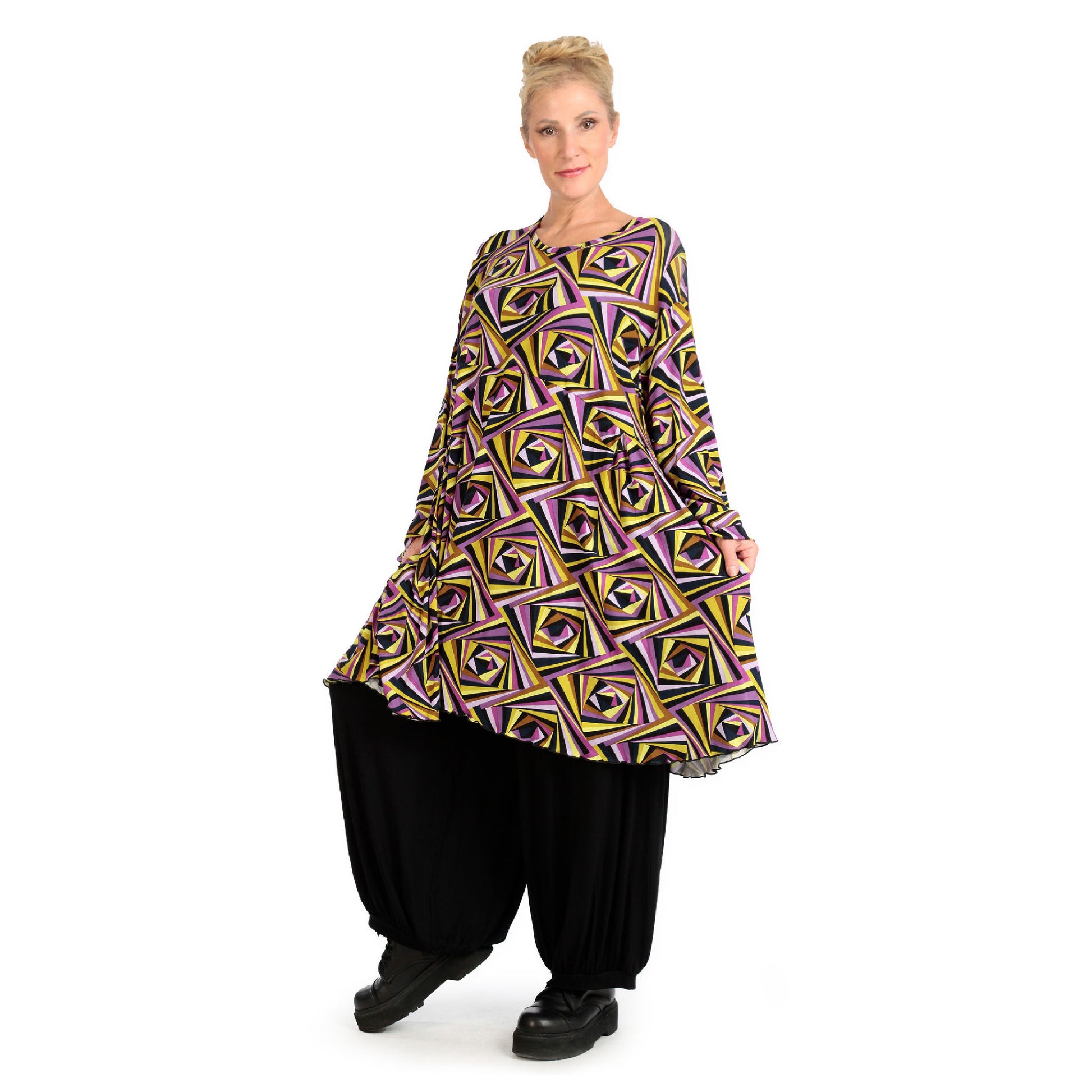  A-Form Bigshirt von AKH Fashion aus Viskose, 1123.06866, Lila-Gelb-Flieder, Schick, Modern