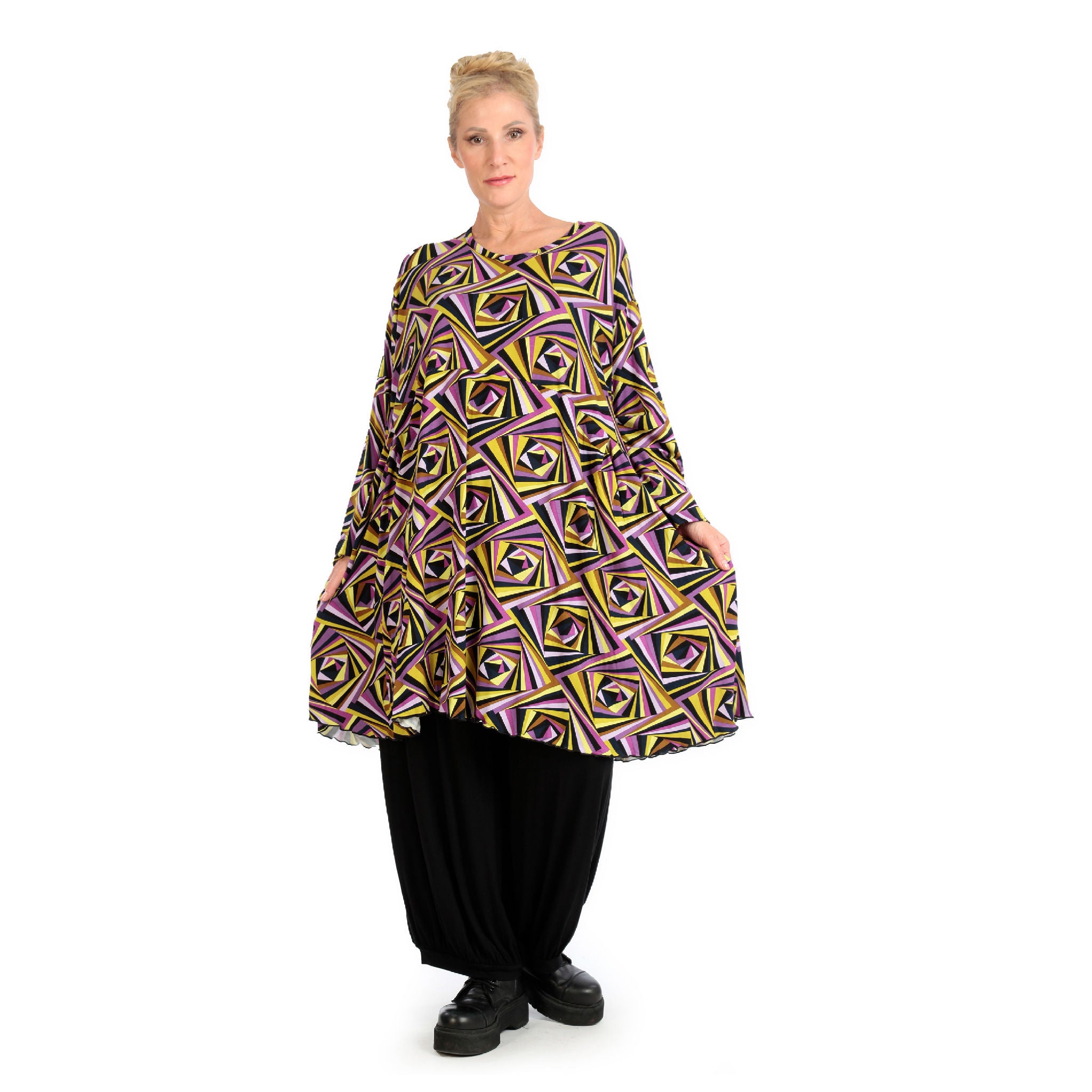  A-Form Bigshirt von AKH Fashion aus Viskose, 1123.06866, Lila-Gelb-Flieder, Grafik, Schick