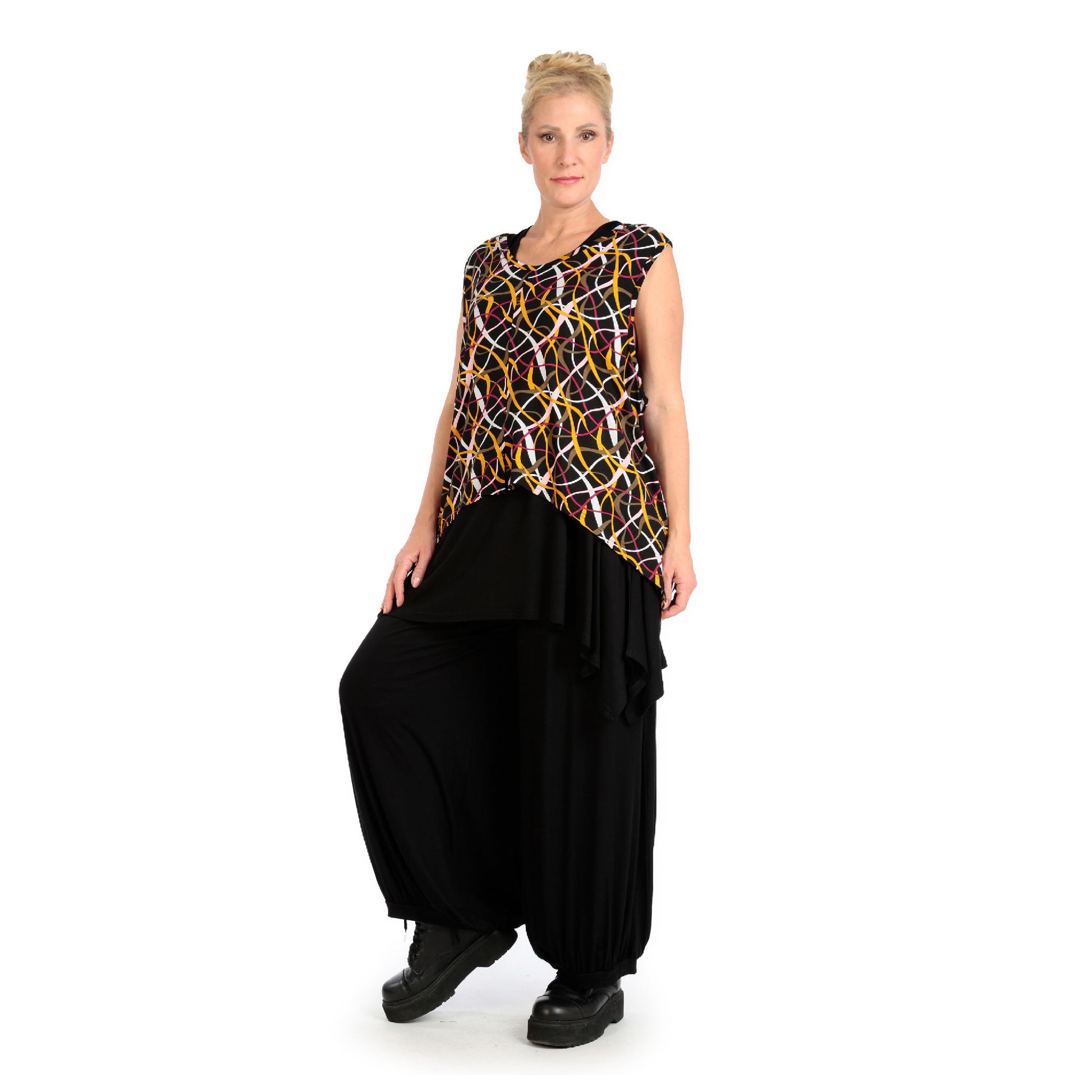  Zipfel Top von AKH Fashion aus Viskose, 1127.00428, Schwarz-Gelb-Weiß, Pinselstrich