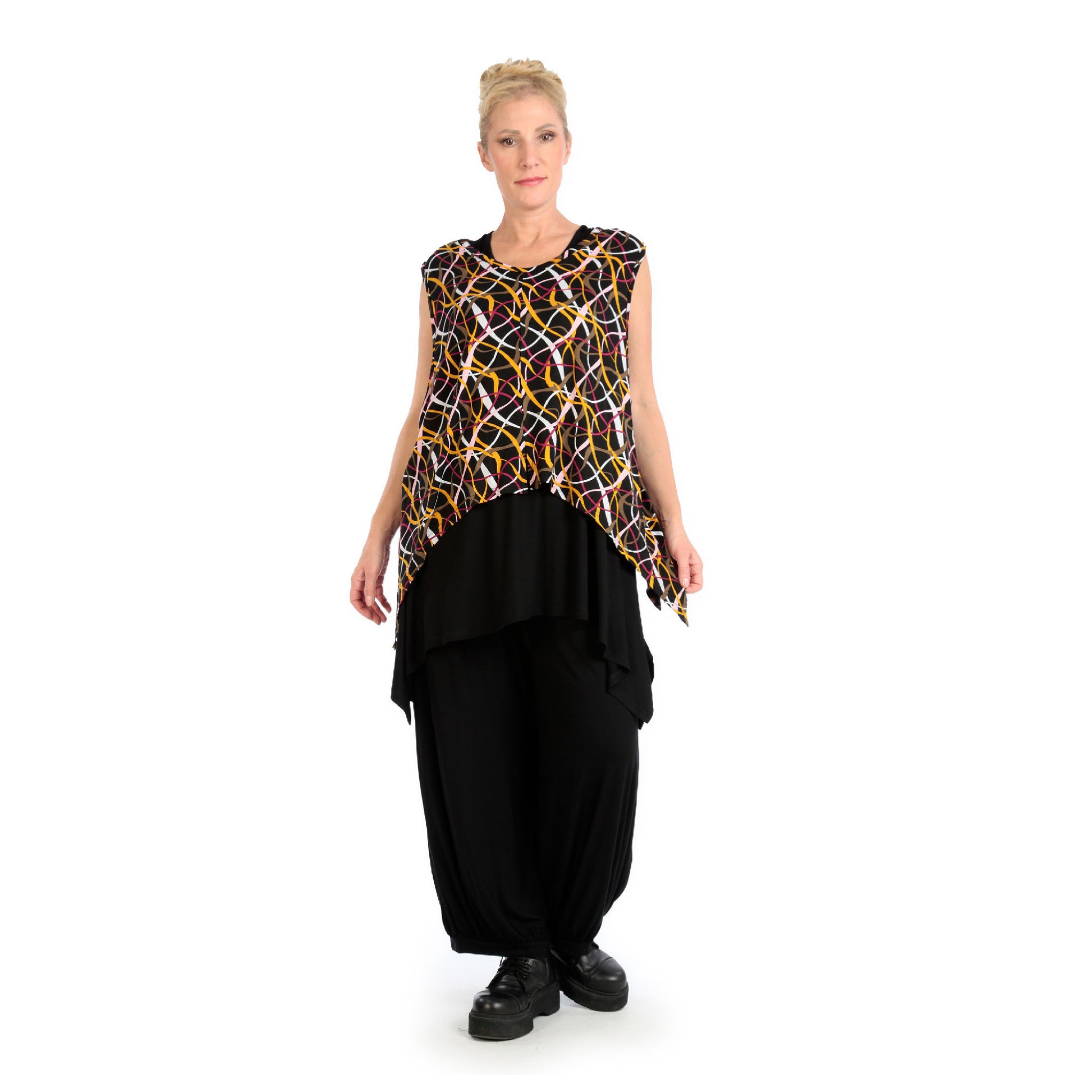  Zipfel Top von AKH Fashion aus Viskose, 1127.00428, Schwarz-Gelb-Weiß, Pinselstrich