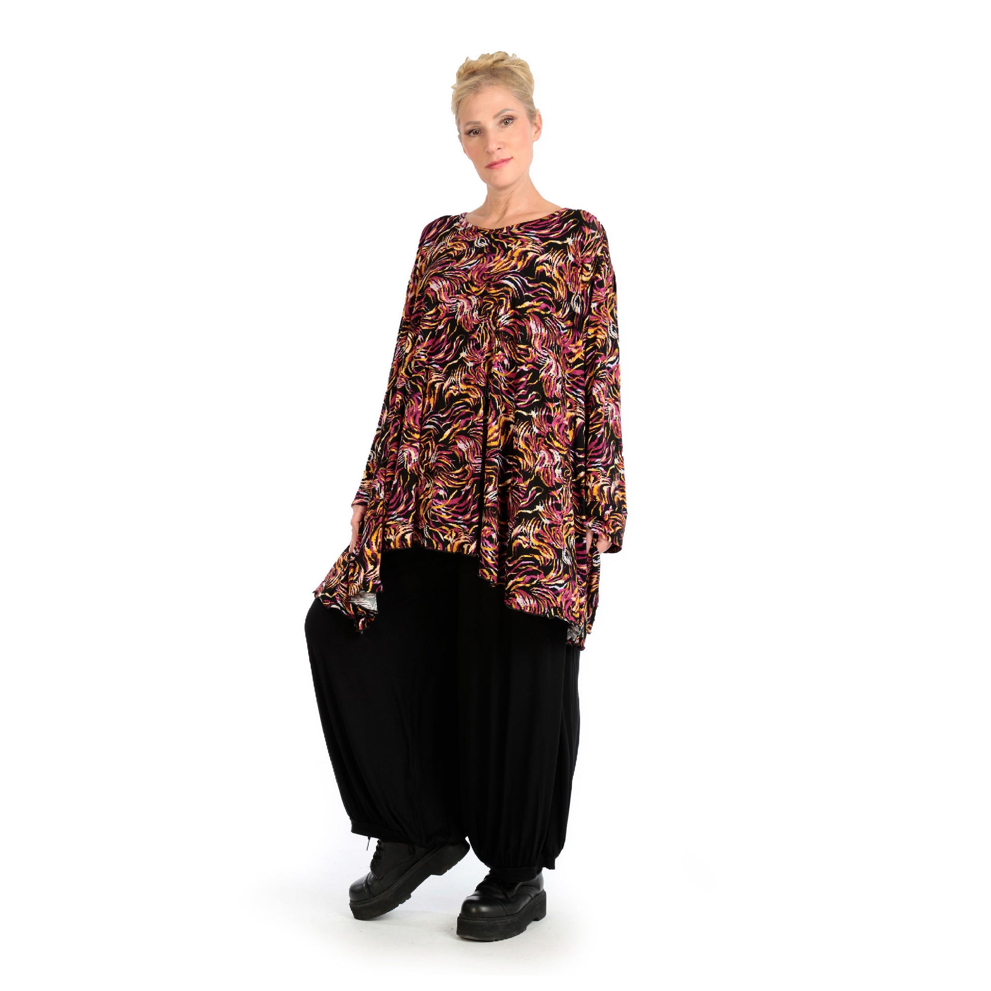  A-Form Bigshirt von AKH Fashion aus Viskose, 1130.00593, Schwarz-Fuchsia-Gelb, Ausgefallen