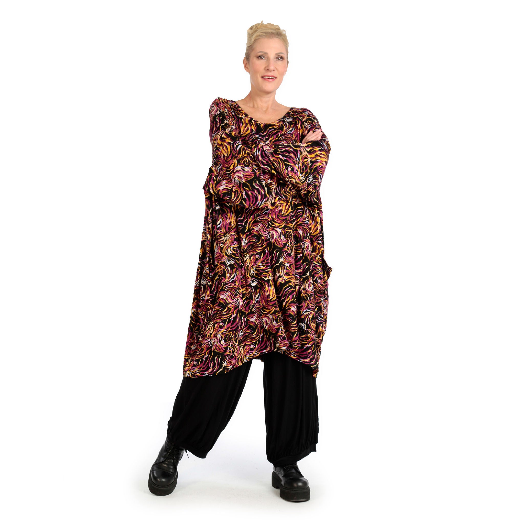  BallonBigshirt von AKH Fashion aus Viskose, 1130.06660, Schwarz-Fuchsia-Gelb, Pinselstrich