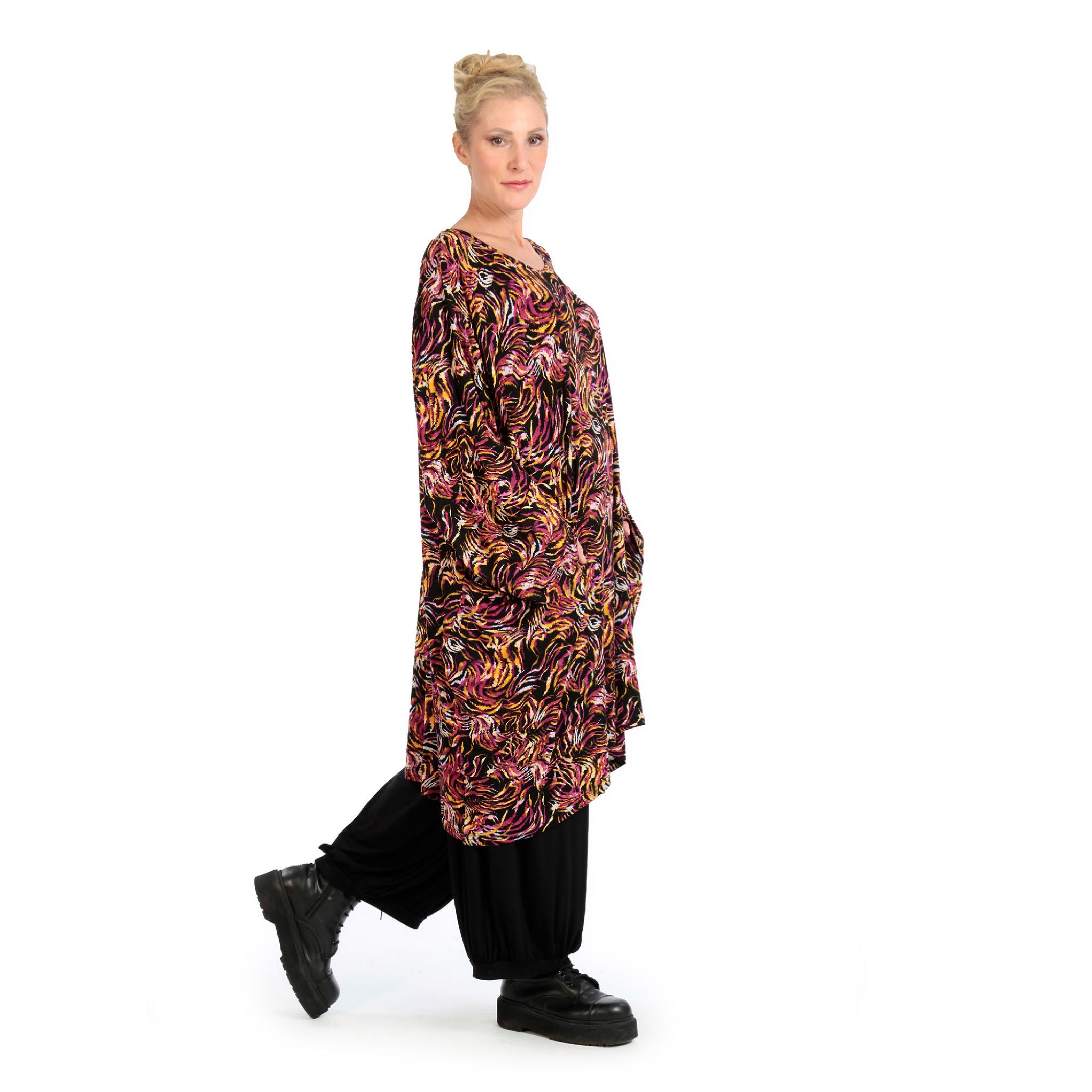  BallonBigshirt von AKH Fashion aus Viskose, 1130.06660, Schwarz-Fuchsia-Gelb, Pinselstrich