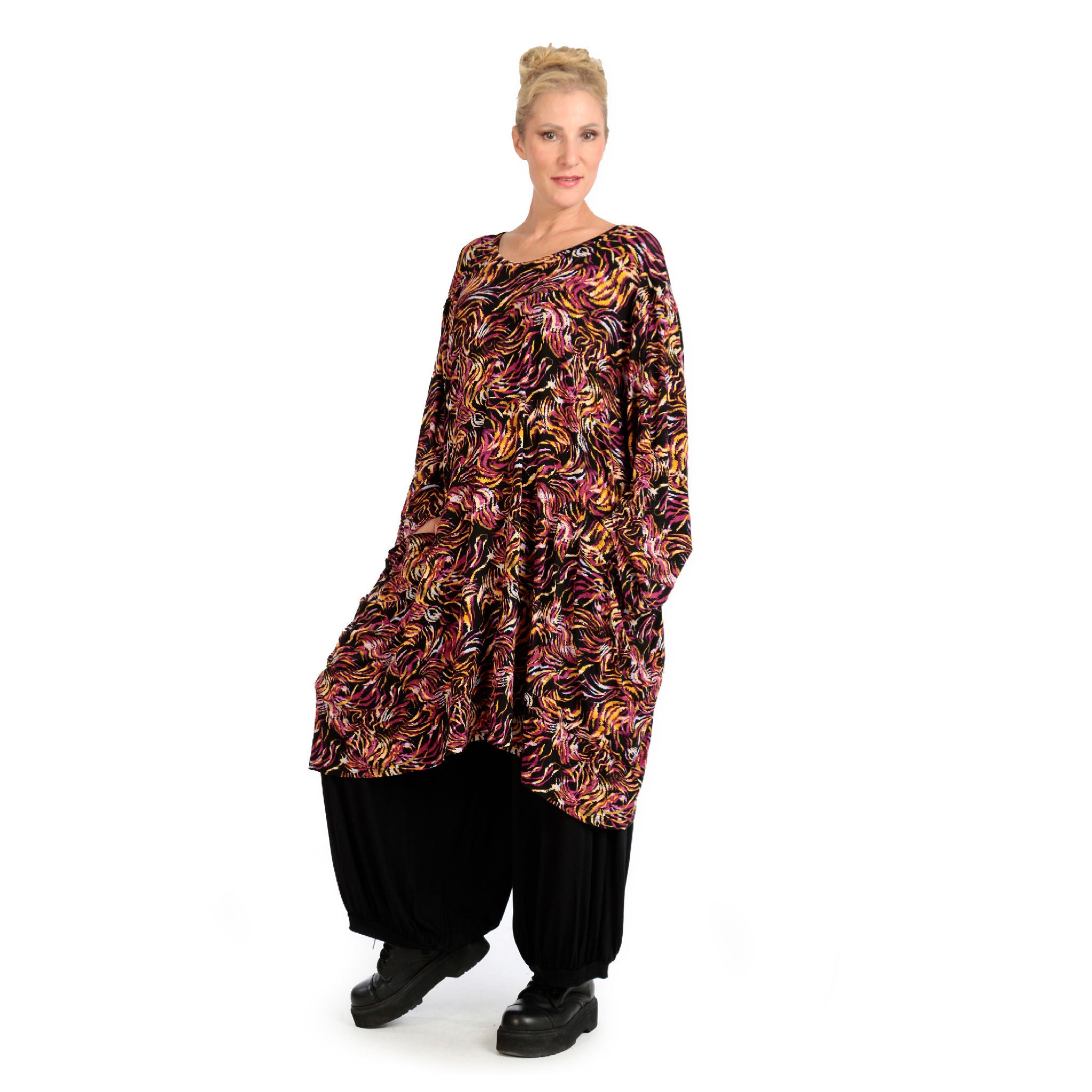  BallonBigshirt von AKH Fashion aus Viskose, 1130.06660, Schwarz-Fuchsia-Gelb, Pinselstrich