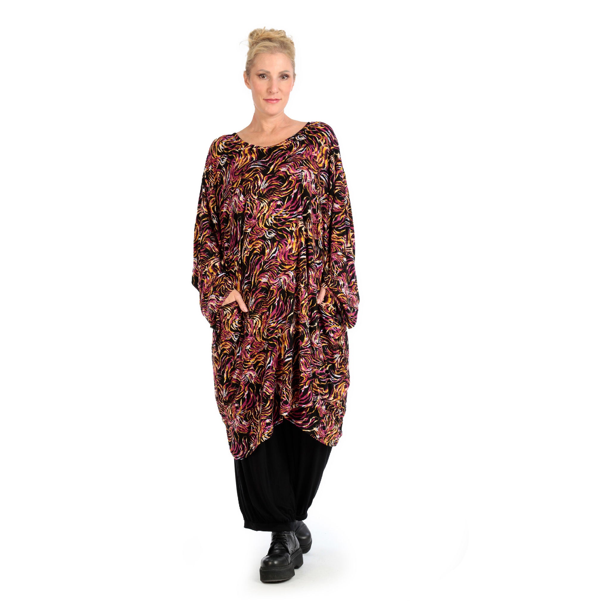  BallonBigshirt von AKH Fashion aus Viskose, 1130.06660, Schwarz-Fuchsia-Gelb, Pinselstrich