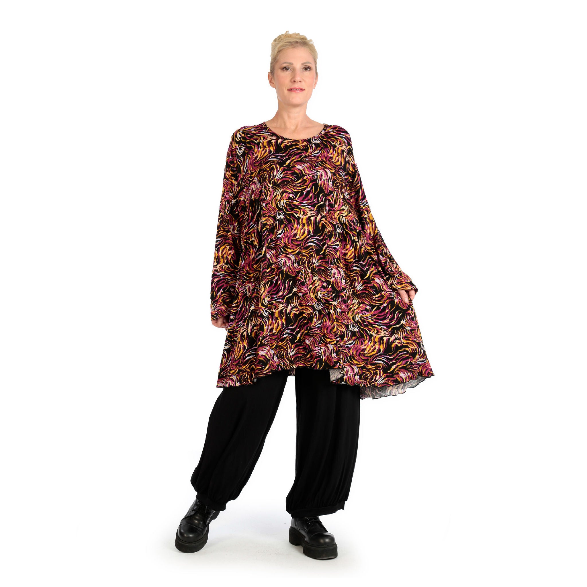  A-Form Bigshirt von AKH Fashion aus Viskose, 1130.06866, Schwarz-Fuchsia-Gelb, Pinselstrich