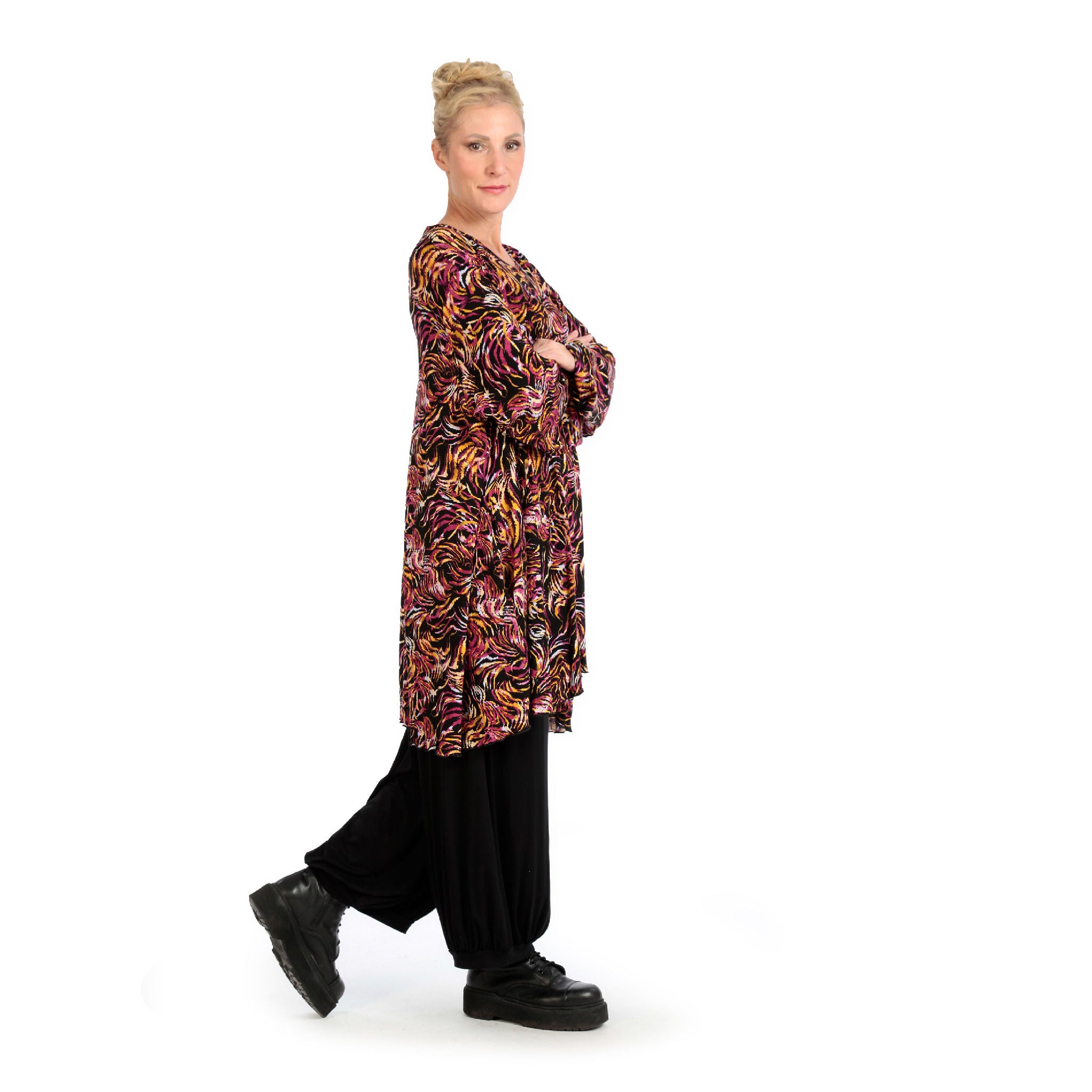  A-Form Bigshirt von AKH Fashion aus Viskose, 1130.06866, Schwarz-Fuchsia-Gelb, Pinselstrich