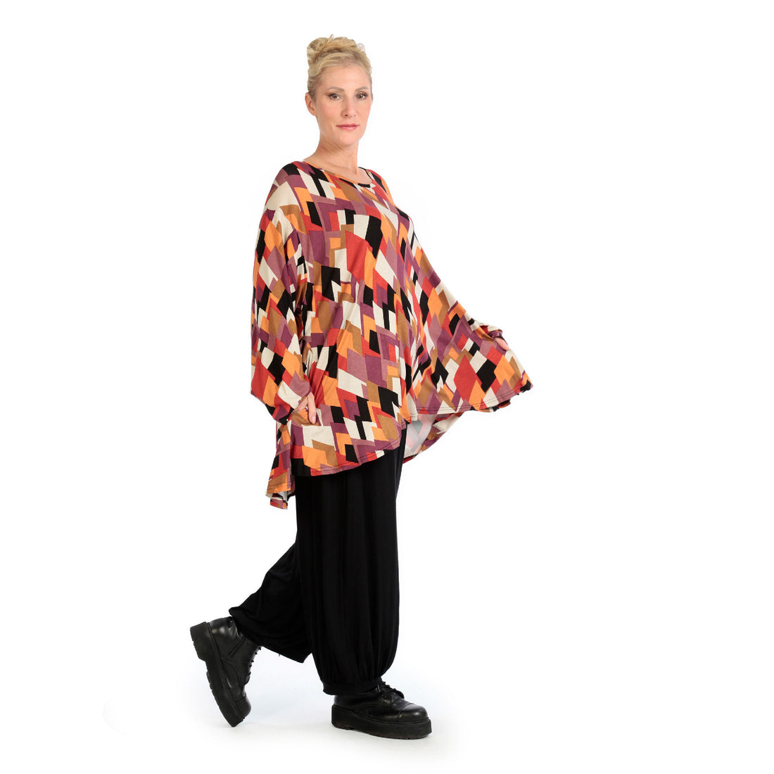  AKH Fashion Shirt in Glocken-Form, aus Viskose, 1131.01892, Schwarz-Flieder-Orange, Raute