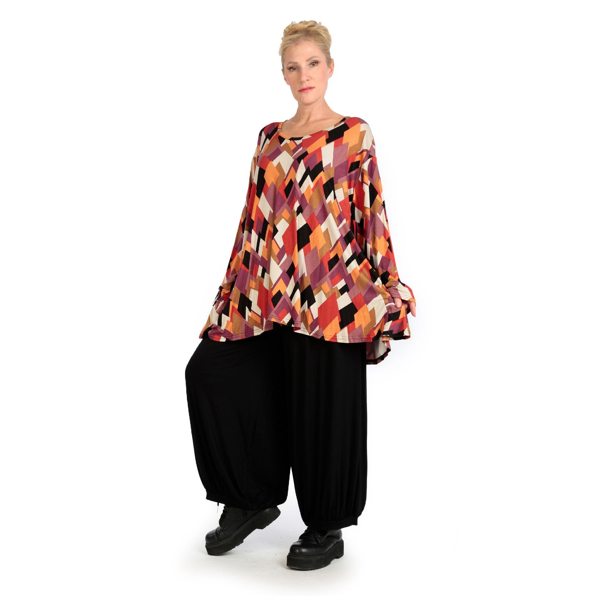  AKH Fashion Shirt in Glocken-Form, aus Viskose, 1131.01892, Schwarz-Flieder-Orange, Raute