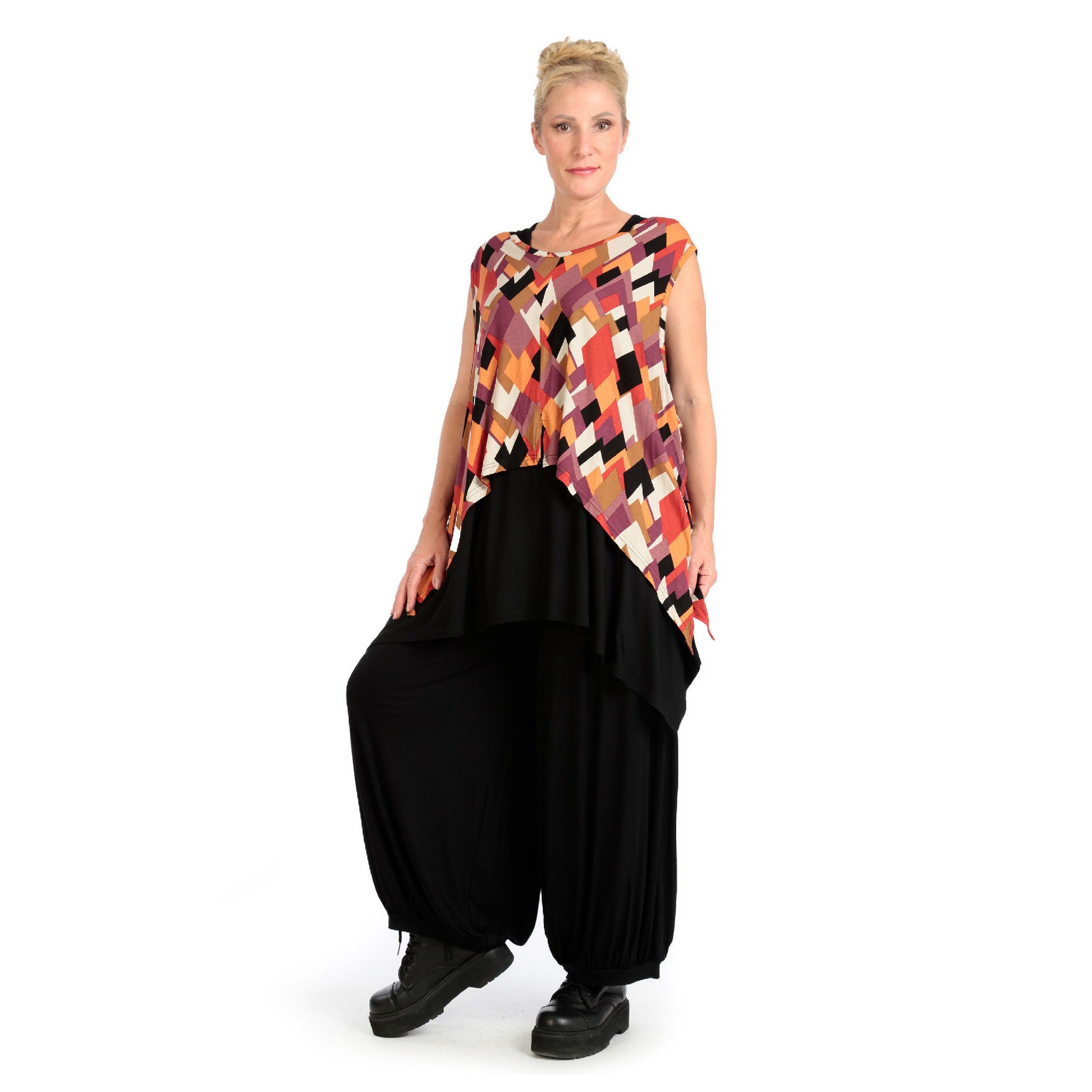  Zipfel Top von AKH Fashion aus Viskose, 1131.00428, Schwarz-Flieder-Orange, Ausgefallen