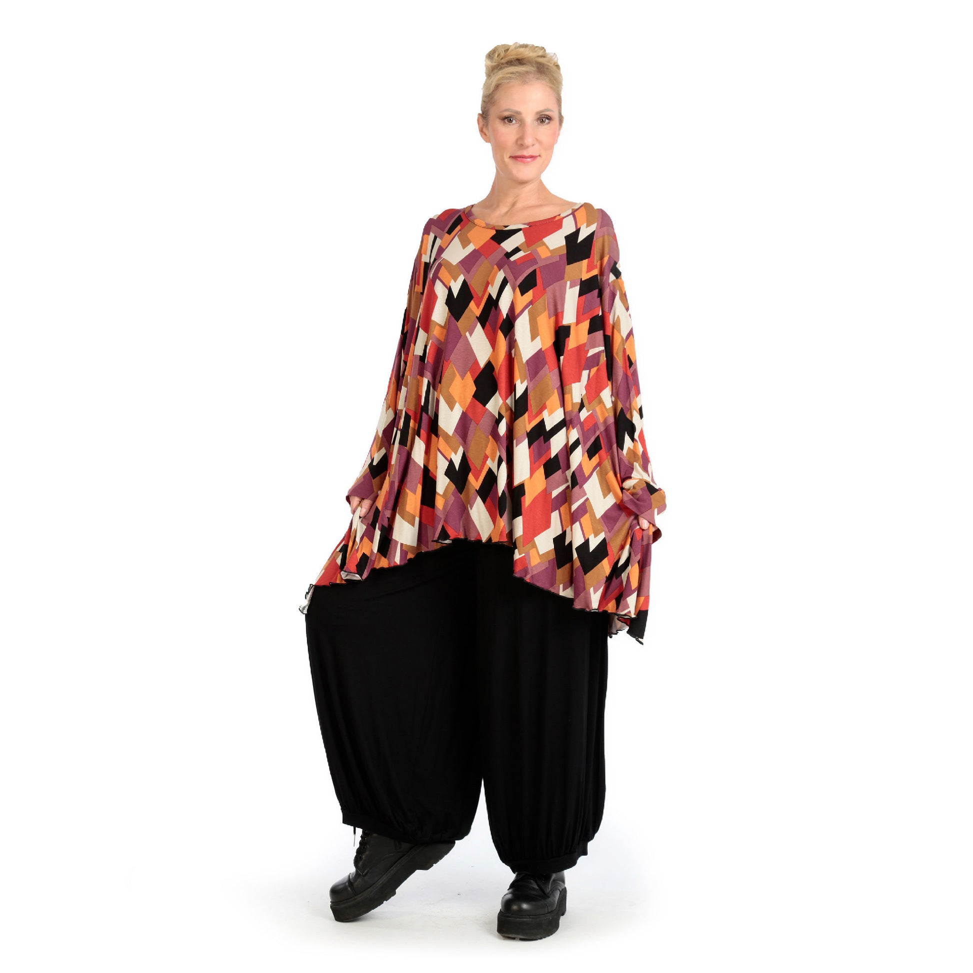  A-Form Bigshirt von AKH Fashion aus Viskose, 1131.00593, Schwarz-Flieder-Orange, Ausgefallen