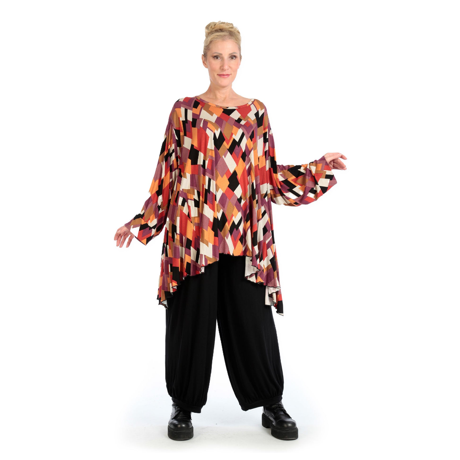  A-Form Bigshirt von AKH Fashion aus Viskose, 1131.00593, Schwarz-Flieder-Orange, Ausgefallen