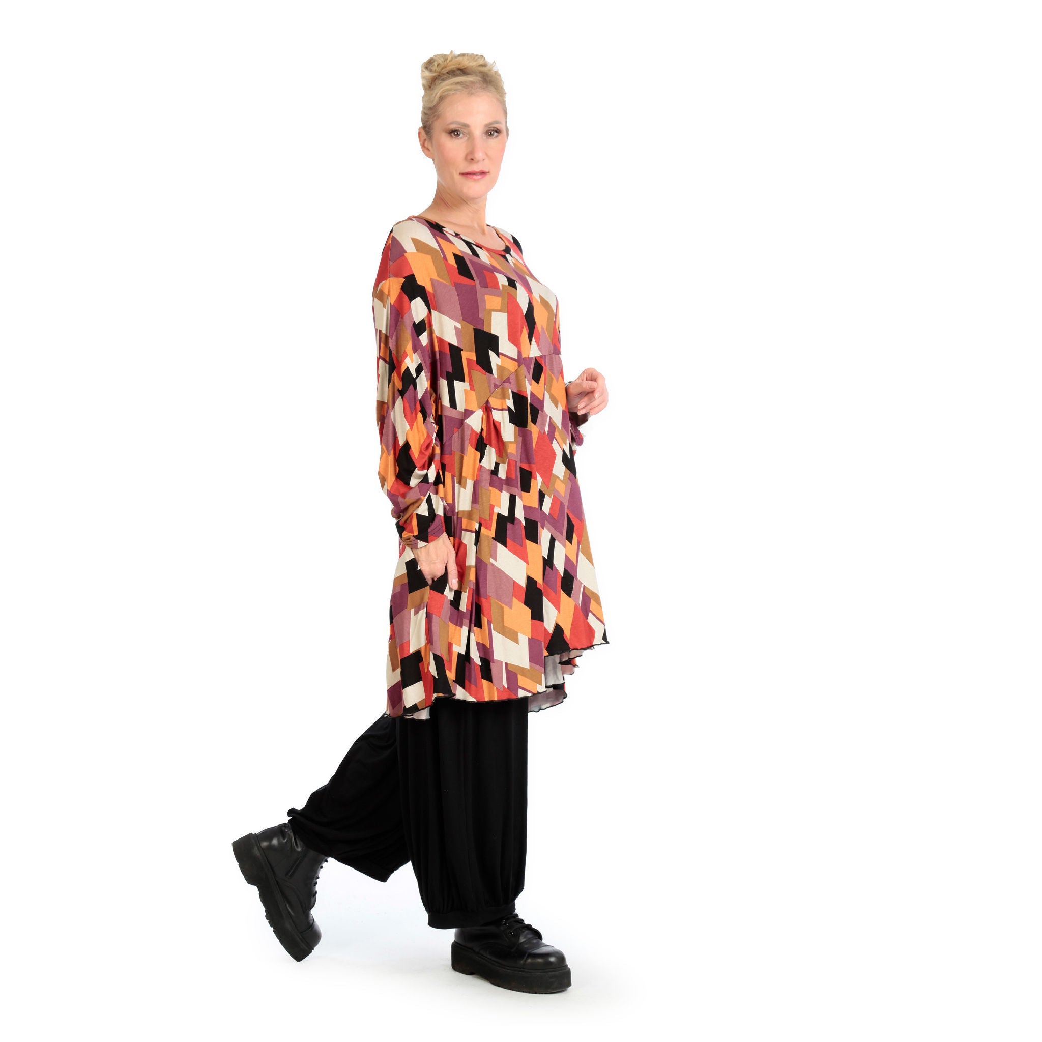  A-Form Bigshirt von AKH Fashion aus Viskose, 1131.06866, Schwarz-Flieder-Orange, Raute