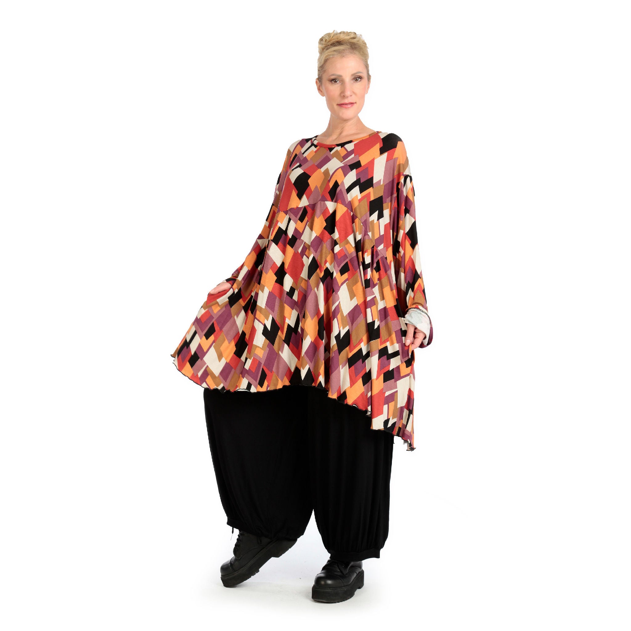  A-Form Bigshirt von AKH Fashion aus Viskose, 1131.06866, Schwarz-Flieder-Orange, Raute