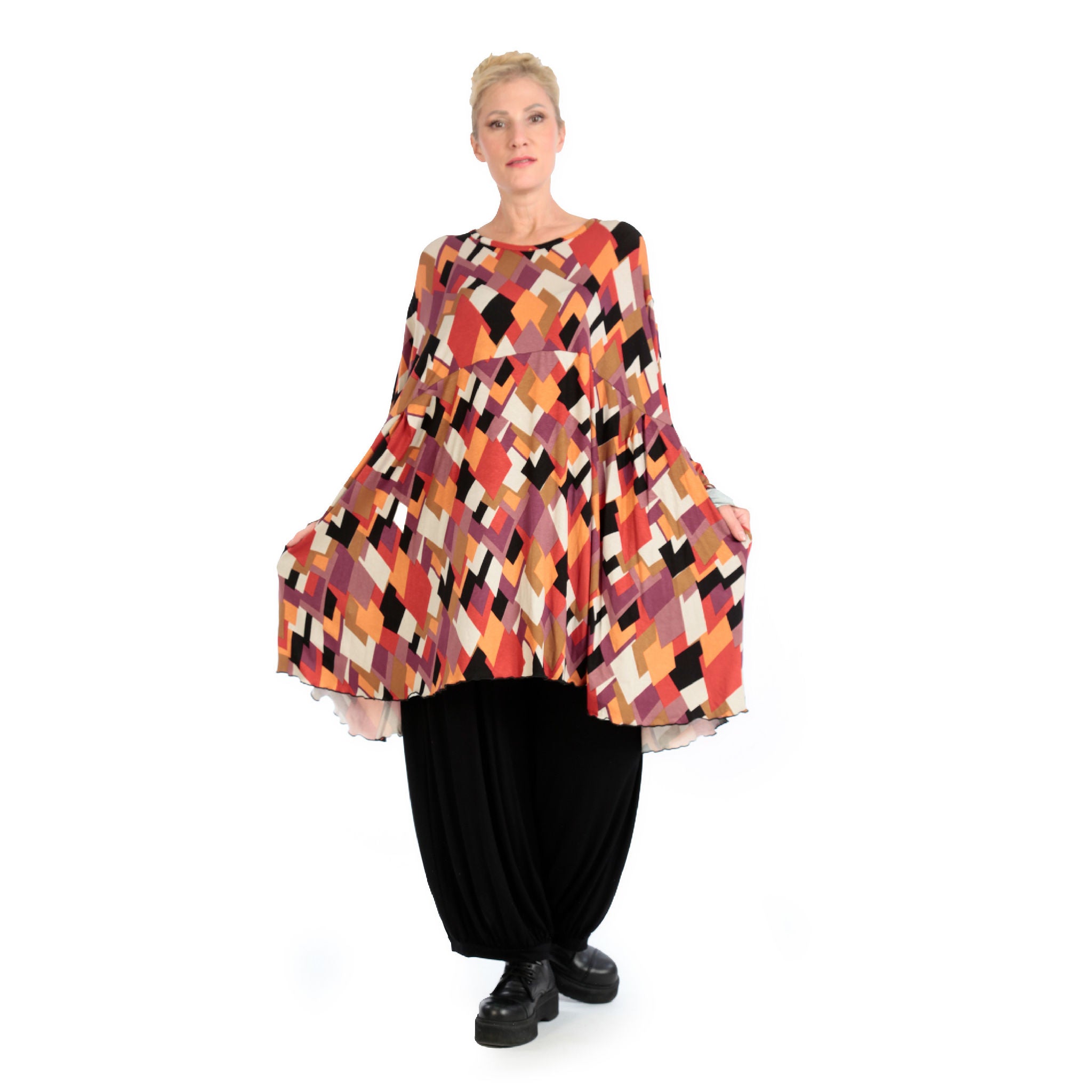  A-Form Bigshirt von AKH Fashion aus Viskose, 1131.06866, Schwarz-Flieder-Orange, Raute