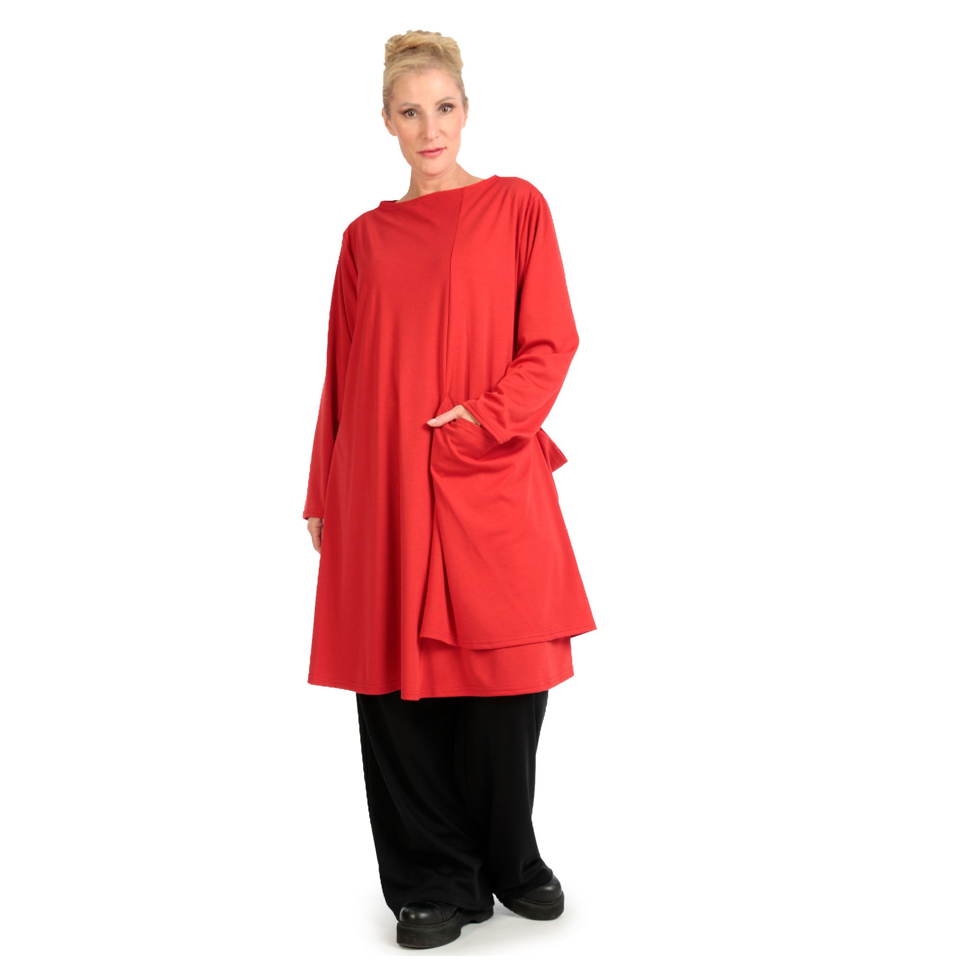  Elegantes rotes Shirt mit hochwertigem Jersey, unifarben, ideal für Lagenlook und Plus Size