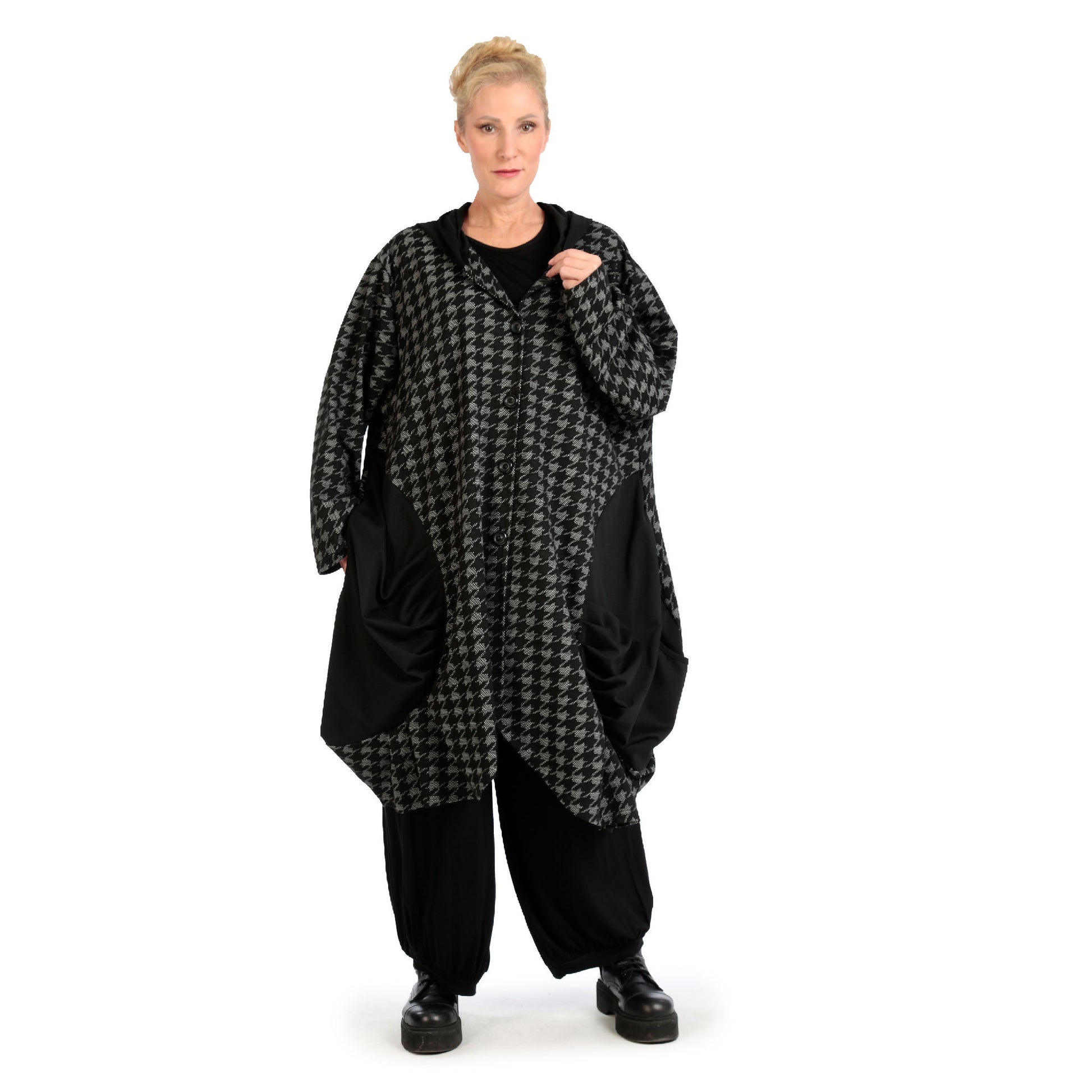  Oversize Ballonmantel mit Hahnentritt-Muster aus strapazierfähigem Jacquard-Polyester für Plus Size