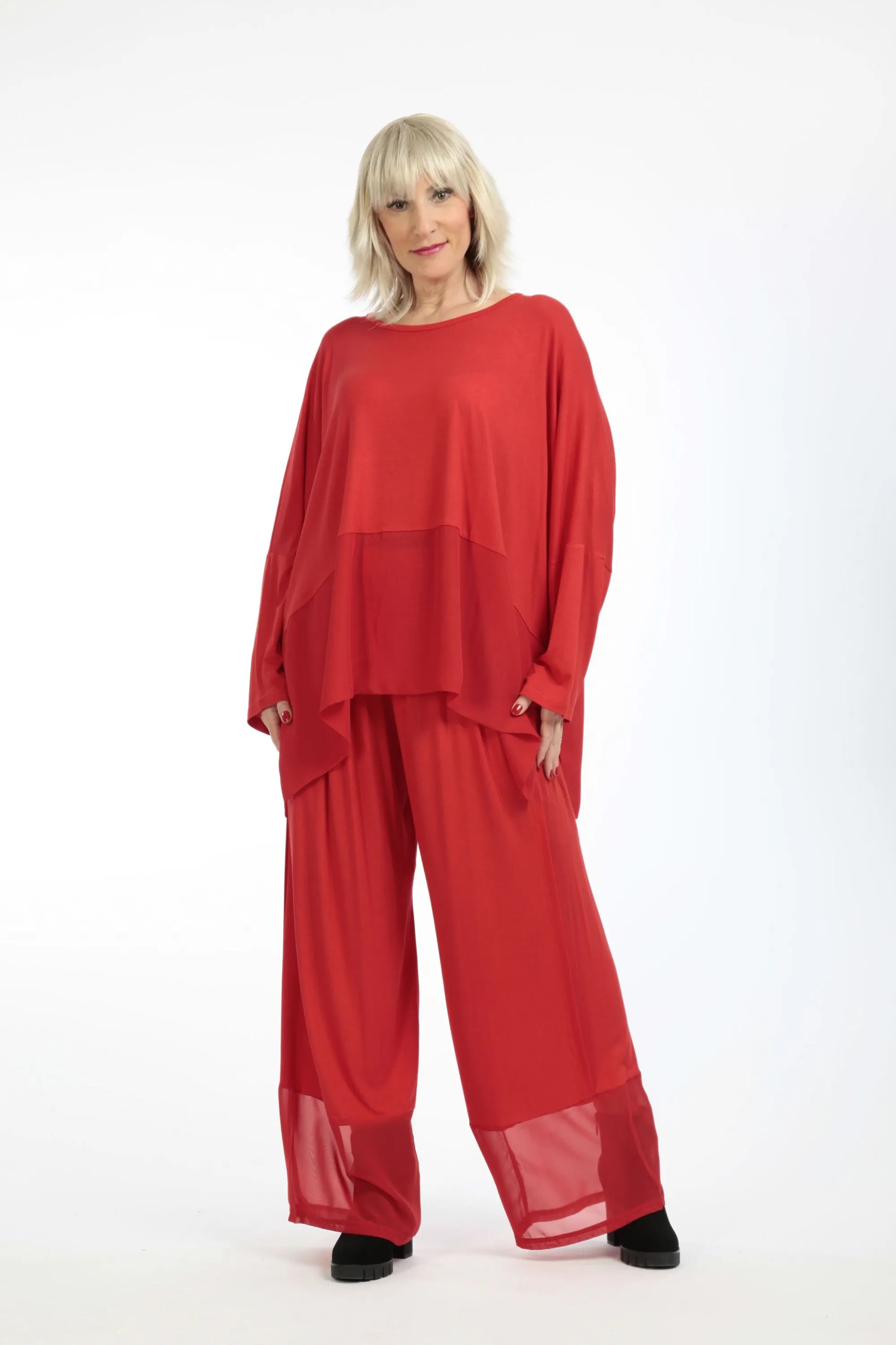  Lässige Plus Size Hose mit Chiffon-Besatz aus hochwertigem soften Viskose-Jersey in Rot