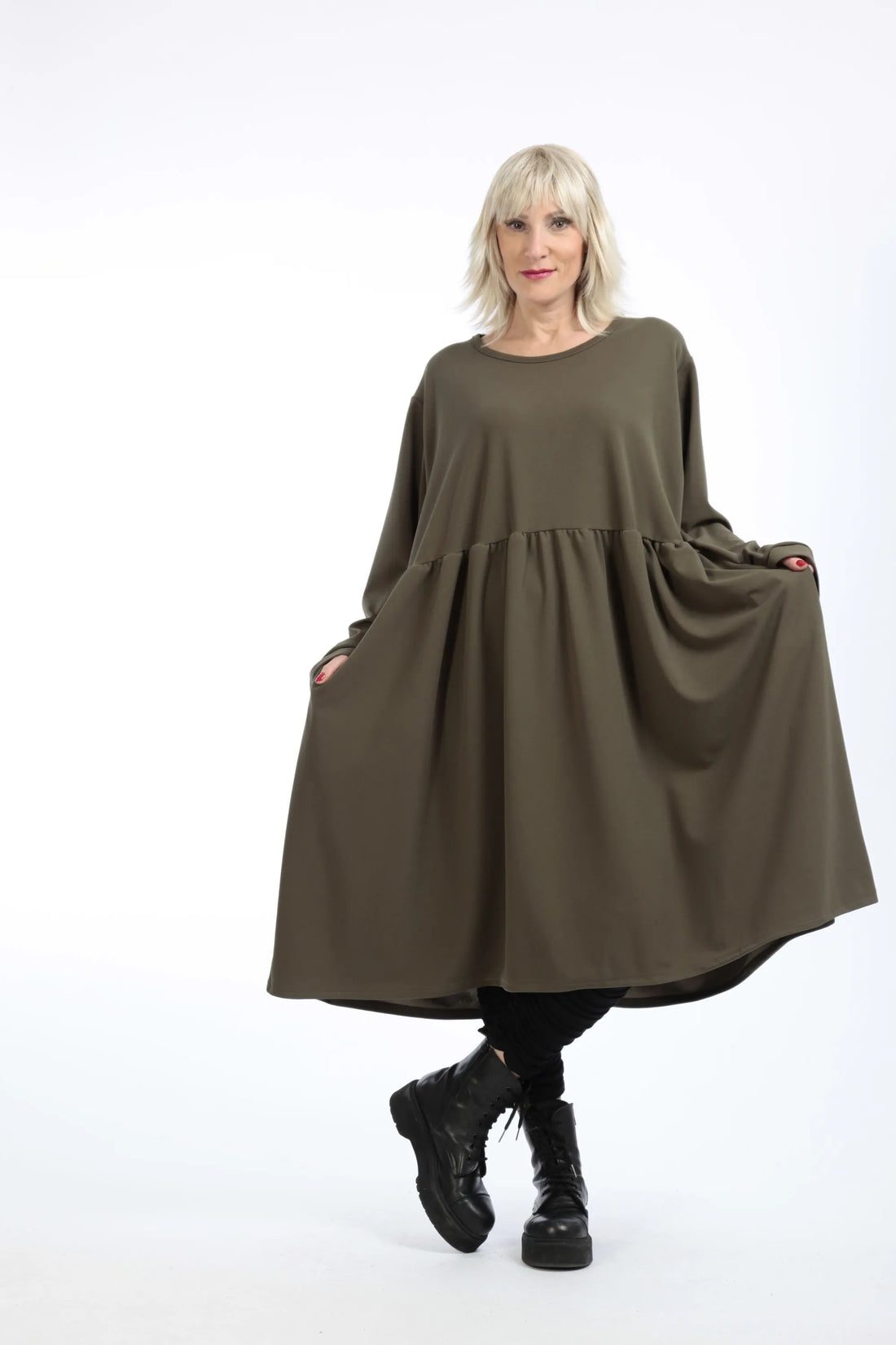  A-Form Kleid von AKH Fashion aus Materialmix, 1202.06742, Olive, Unifarben, Ausgefallen