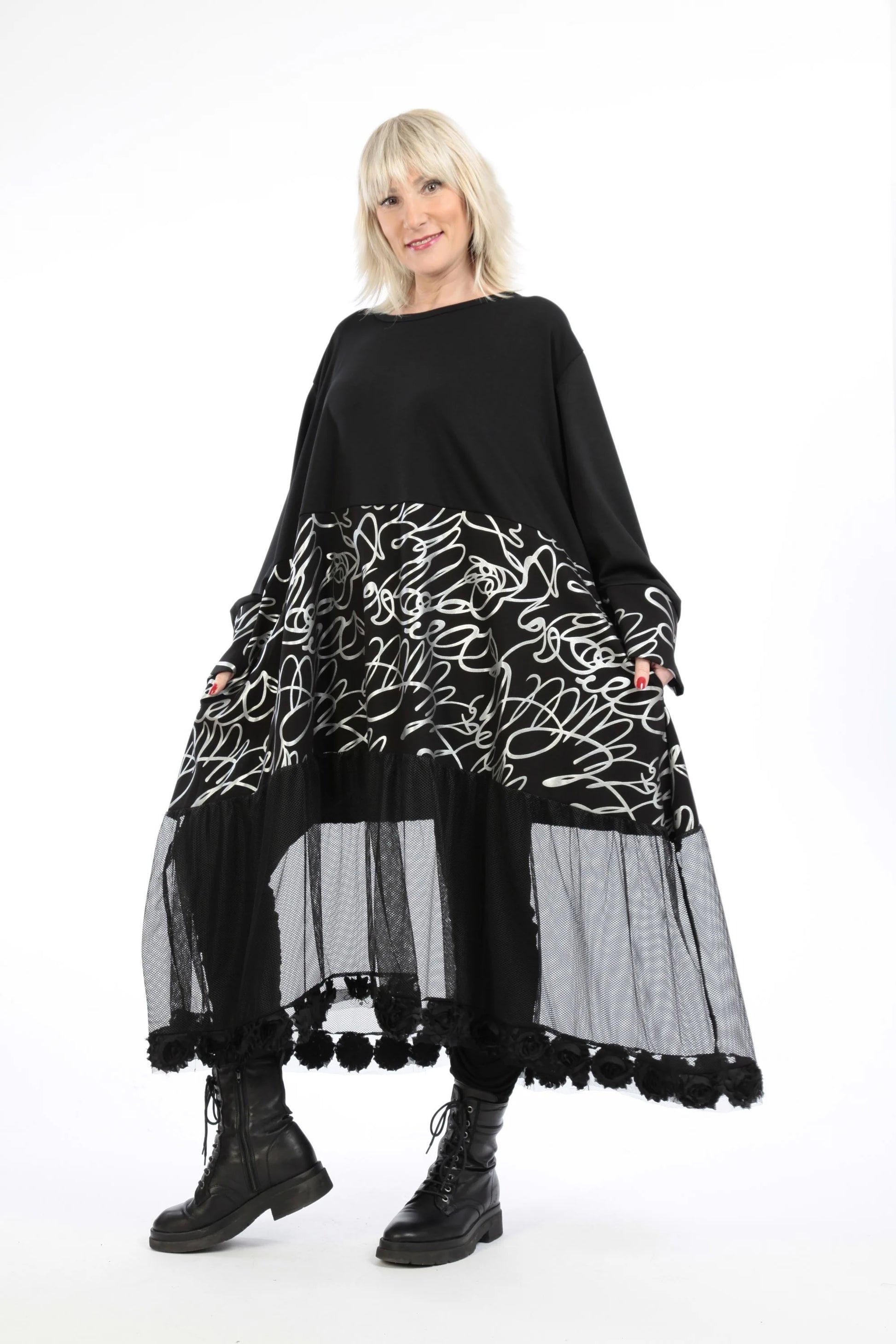  Ballonkleid von AKH Fashion aus Viskose, 1212.06712, Schwarz-Silber, Pinselstrich, Schick