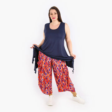  Luftige Ballonhose aus Viskose mit buntem Design in Orange, Violett und Blau für lässige Styles