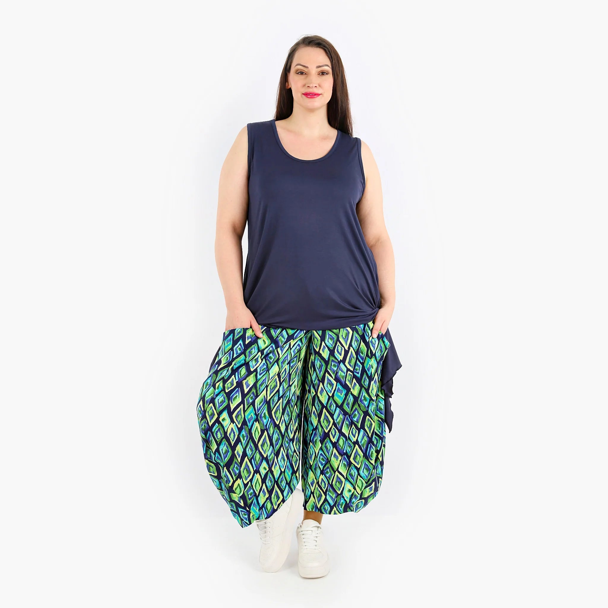  Ballonhose in trendigem Marine-Grün-Gelb mit elastischem Bund und Taschen für Plus Size Style