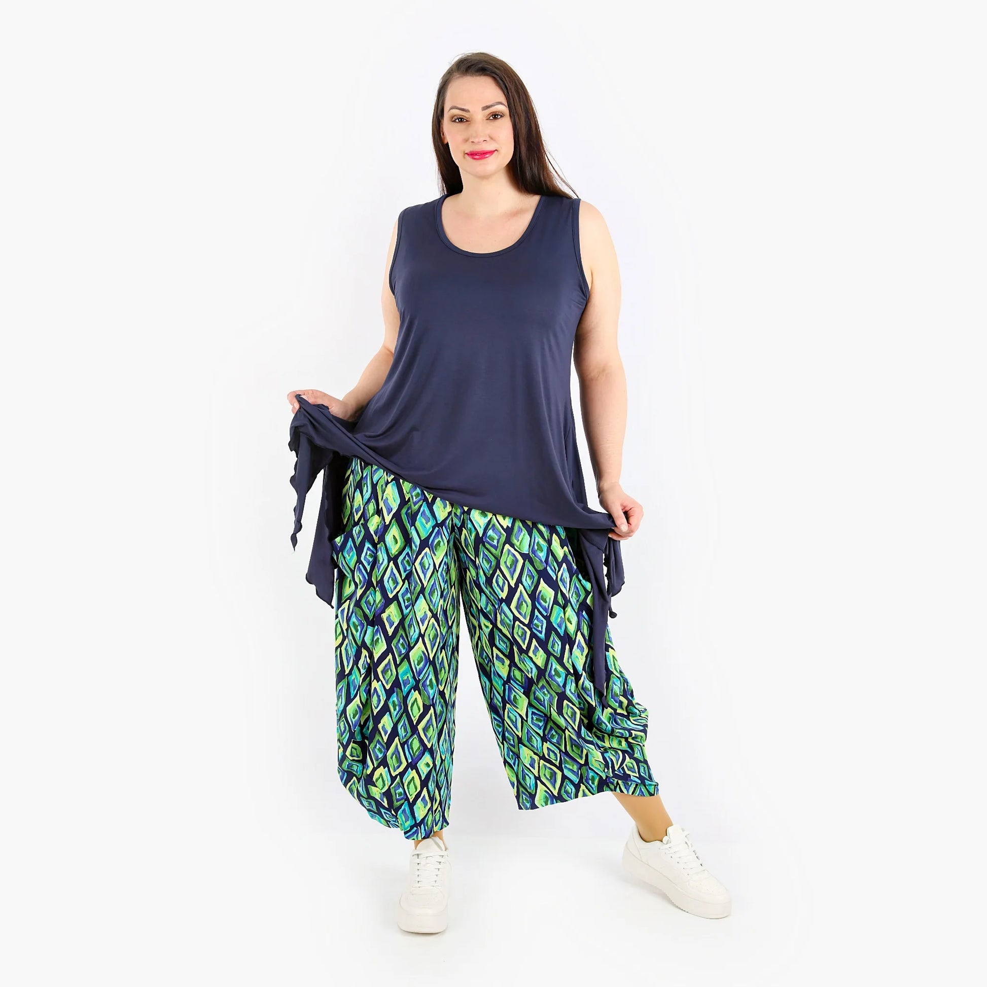  Ballonhose in trendigem Marine-Grün-Gelb mit elastischem Bund und Taschen für Plus Size Style