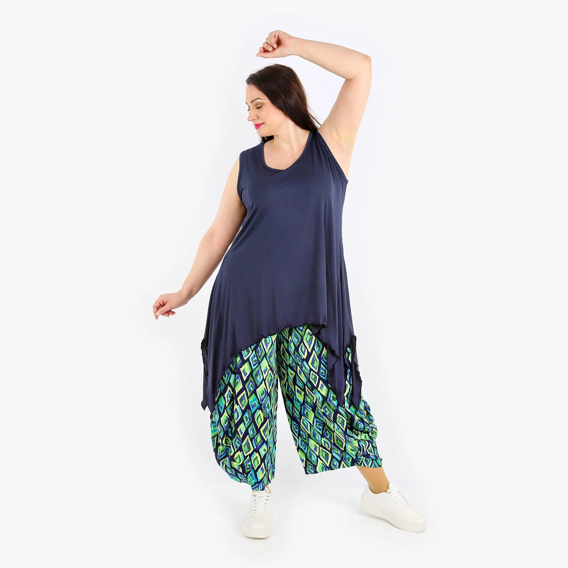  Ballonhose in trendigem Marine-Grün-Gelb mit elastischem Bund und Taschen für Plus Size Style