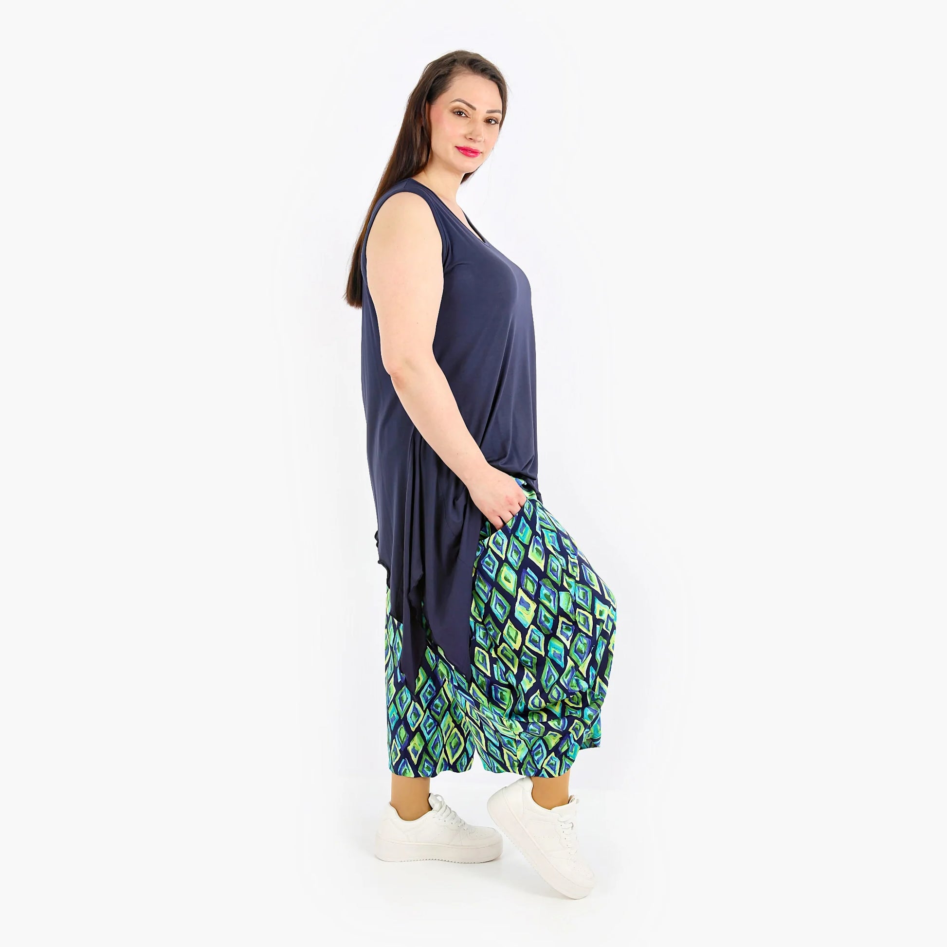  Ballonhose in trendigem Marine-Grün-Gelb mit elastischem Bund und Taschen für Plus Size Style