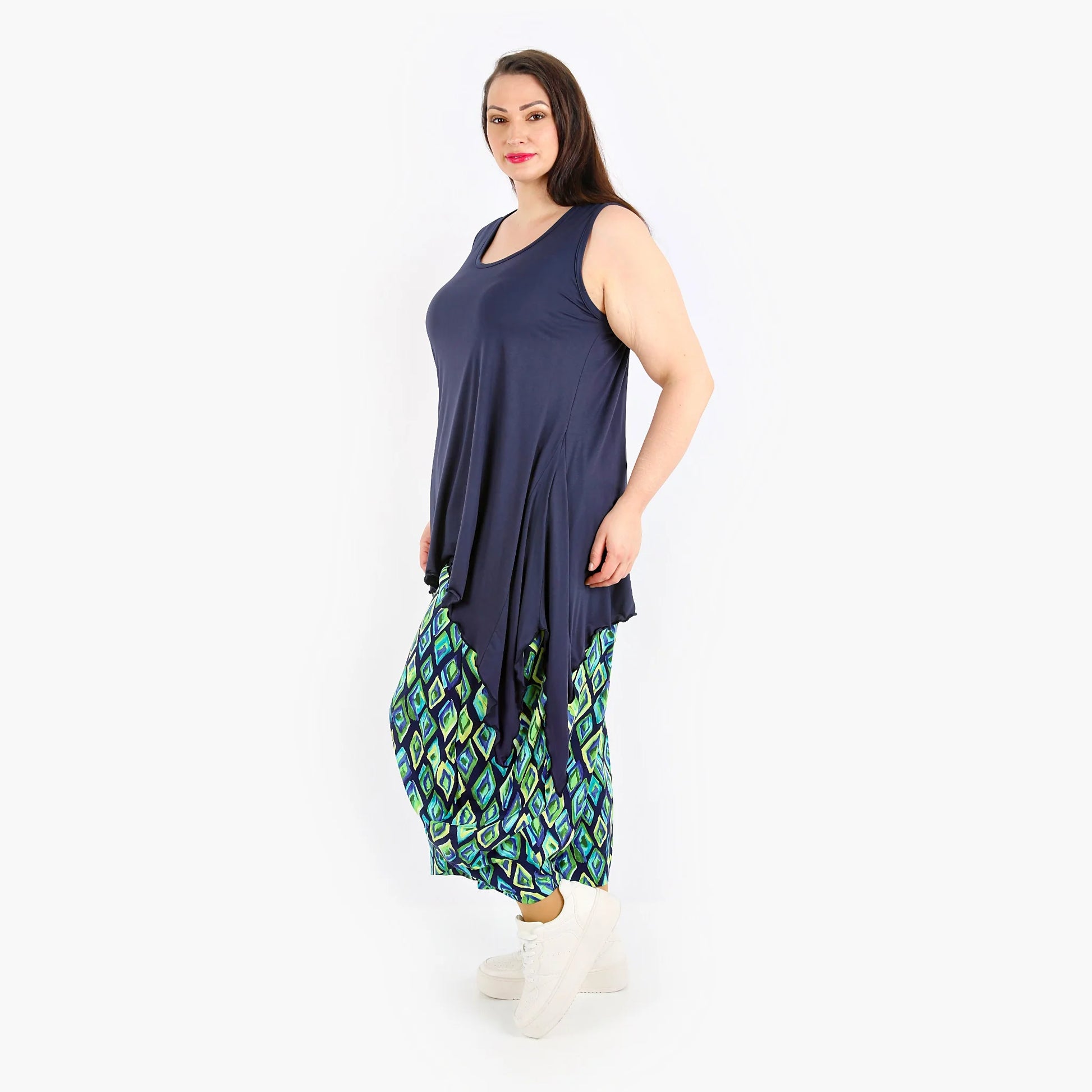  Ballonhose in trendigem Marine-Grün-Gelb mit elastischem Bund und Taschen für Plus Size Style