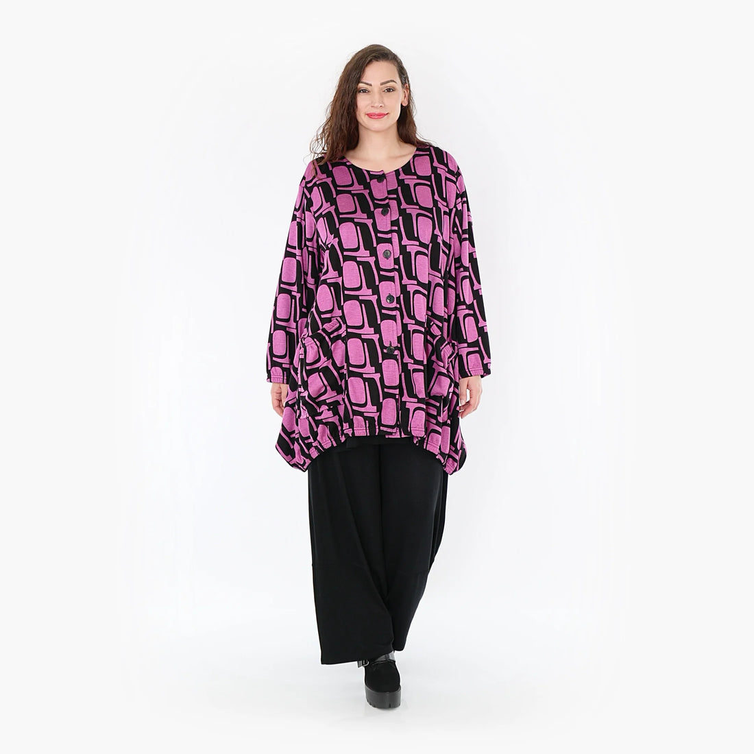  A-Form Jacke in Schwarz-Fuchsia mit bequemem Viskose-Romanit für stilvolle Plus Size Looks