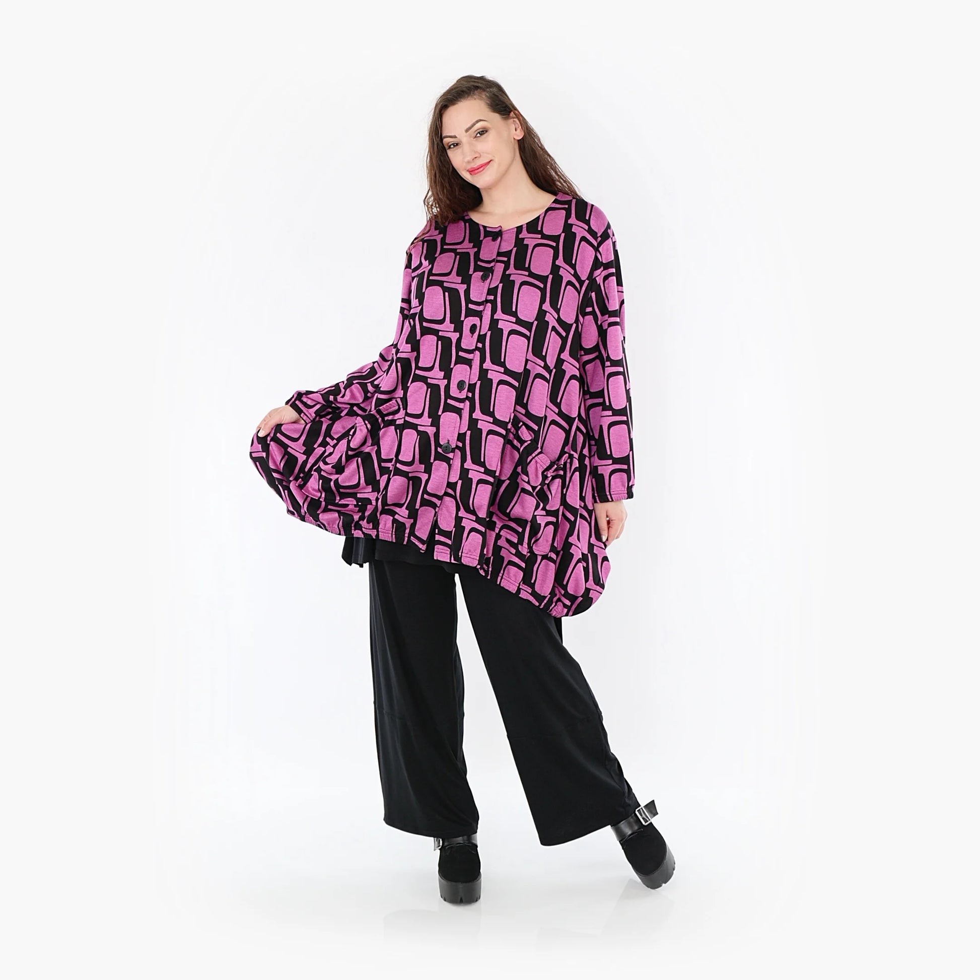  A-Form Jacke in Schwarz-Fuchsia mit bequemem Viskose-Romanit für stilvolle Plus Size Looks