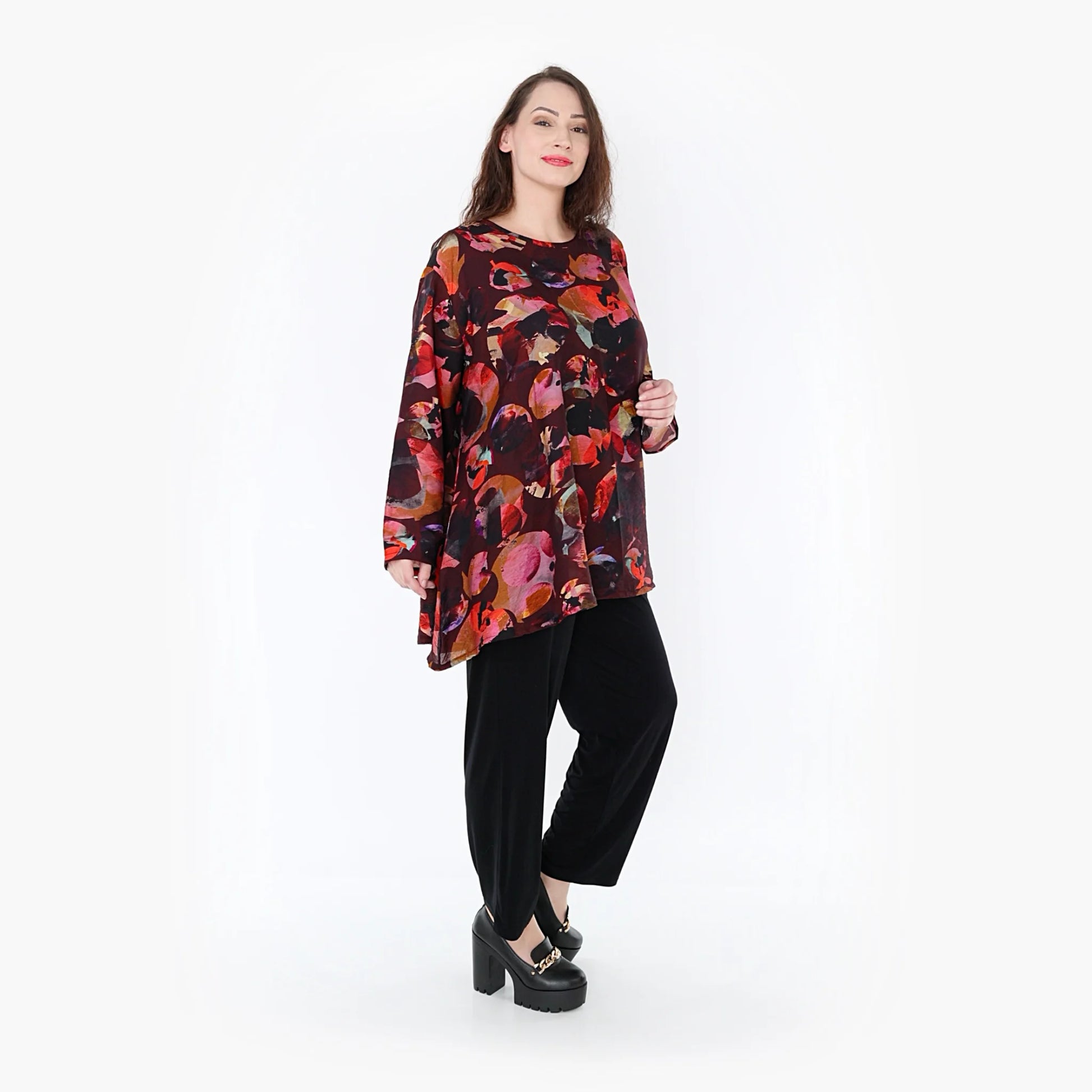  A-Form Bigshirt von AKH Fashion aus Viskose, 1335.00593, Weinrot-Mehrfarbig, Schick, Modern