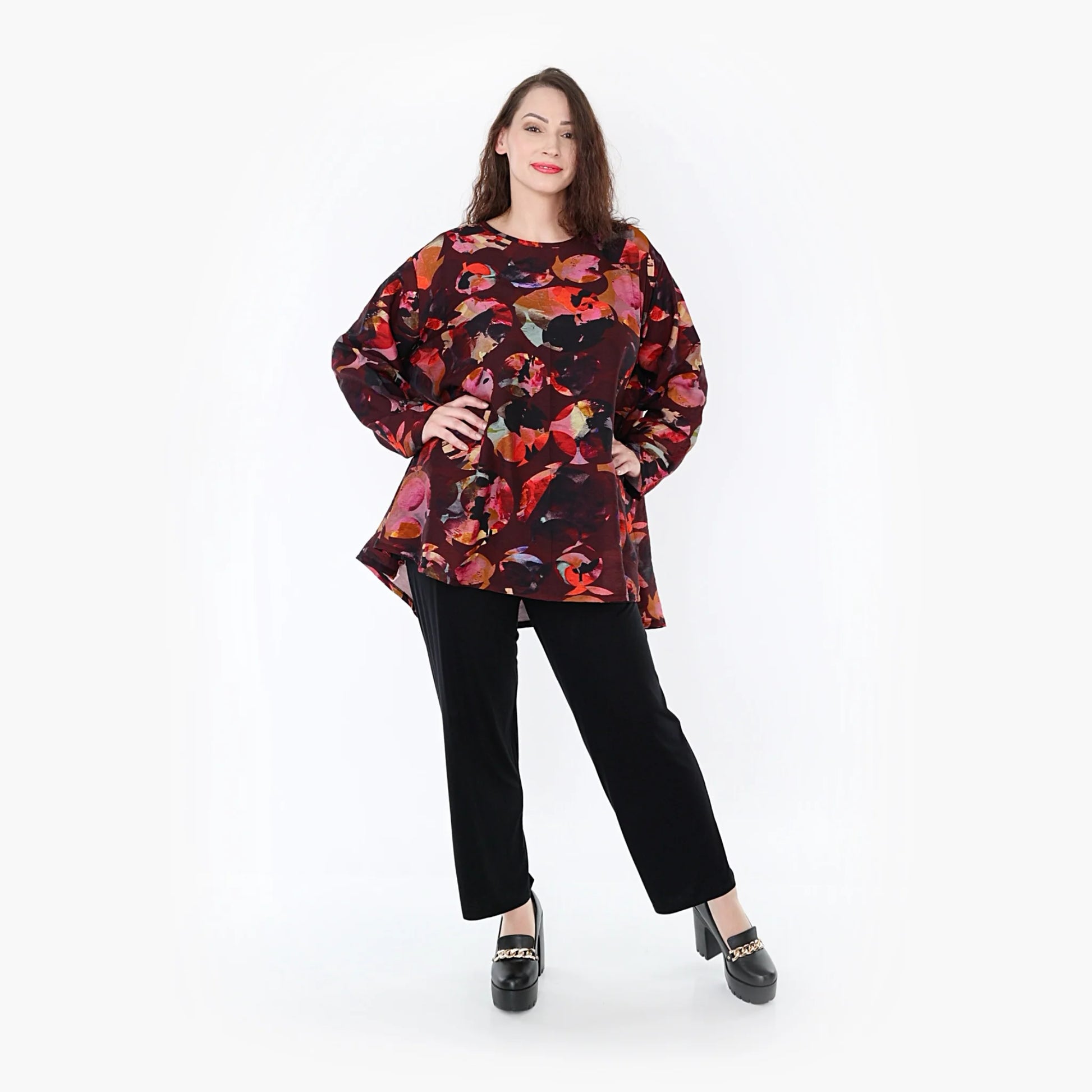  A-Form Bigshirt von AKH Fashion aus Viskose, 1335.00593, Weinrot-Mehrfarbig, Schick, Modern