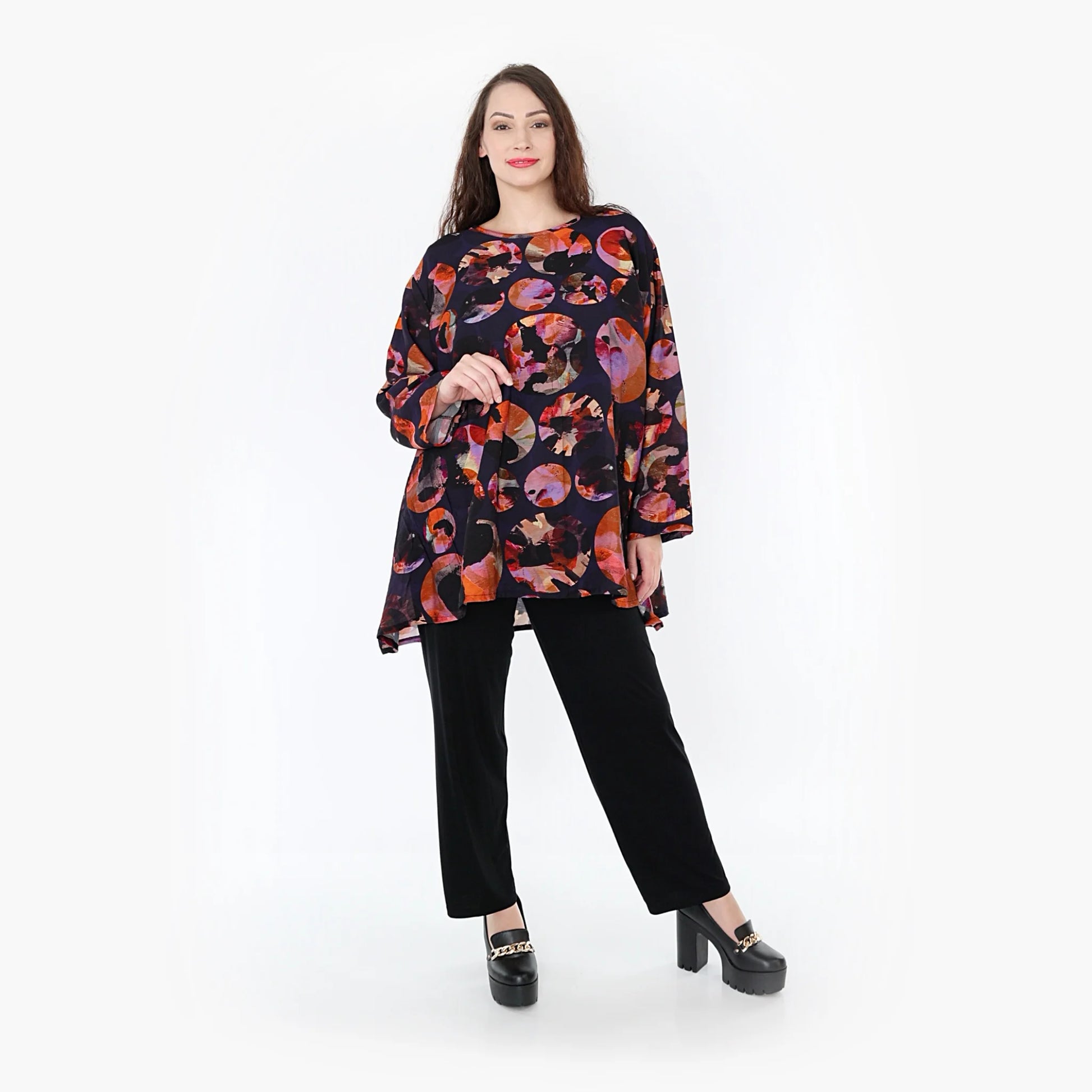  A-Form Bigshirt von AKH Fashion aus Viskose, 1335.00593, Lila-Mehrfarbig, Punkte, Ausgefallen