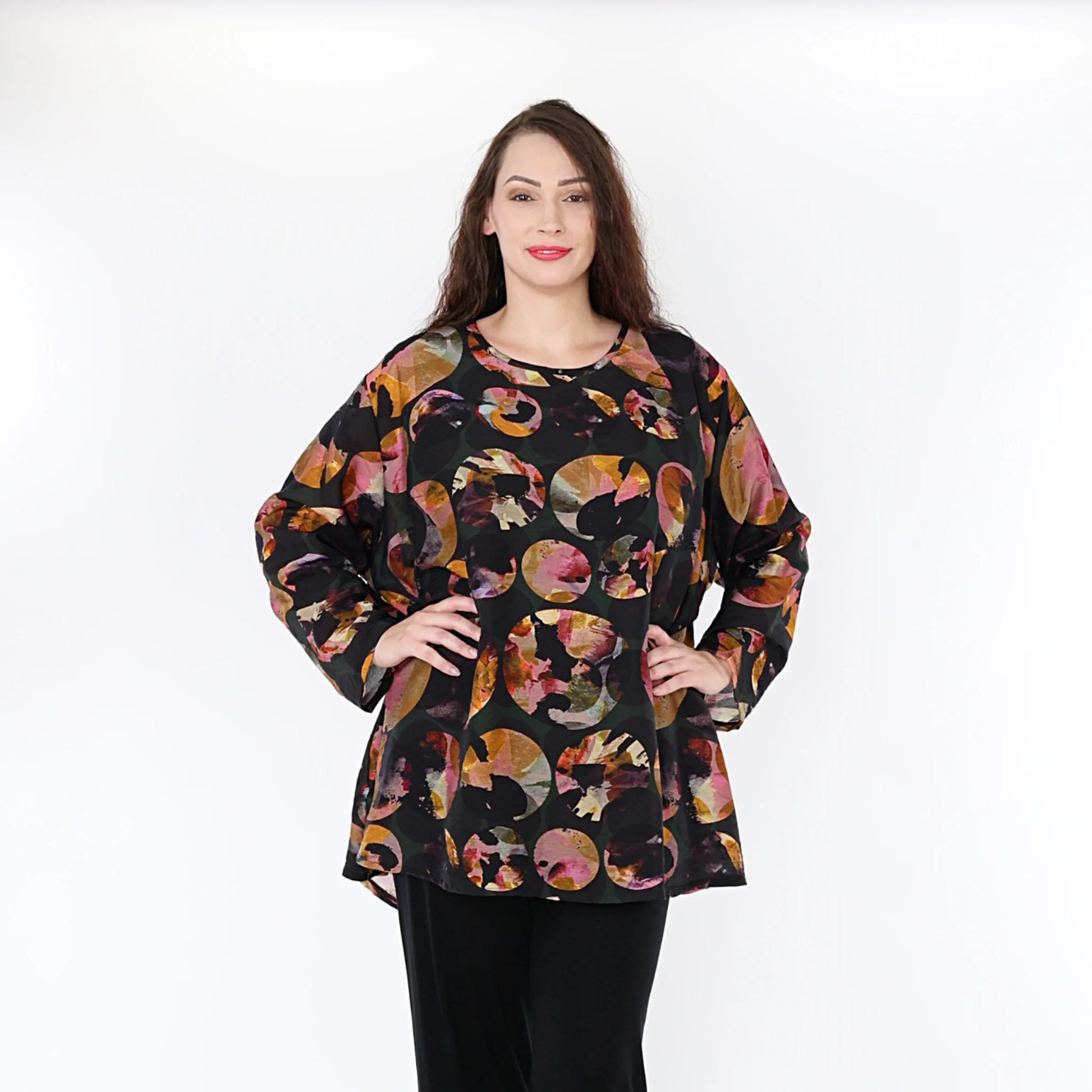  A-Form Bigshirt von AKH Fashion aus Viskose, 1335.00593, Grün-Mehrfarbig, Punkte, Ausgefallen