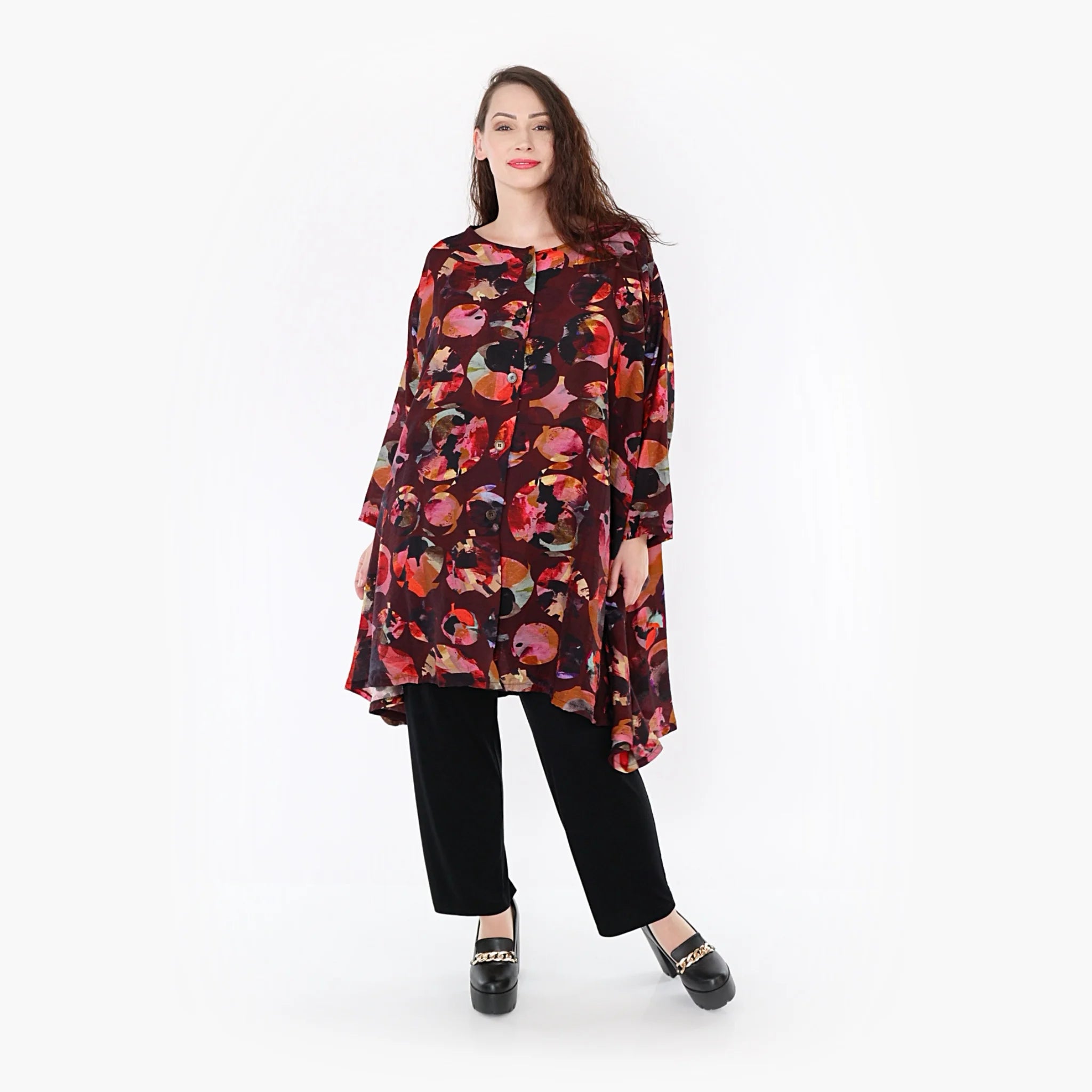  A-Form Jacke von AKH Fashion aus Viskose, 1335.02667, Weinrot-Mehrfarbig, Punkte, Schick
