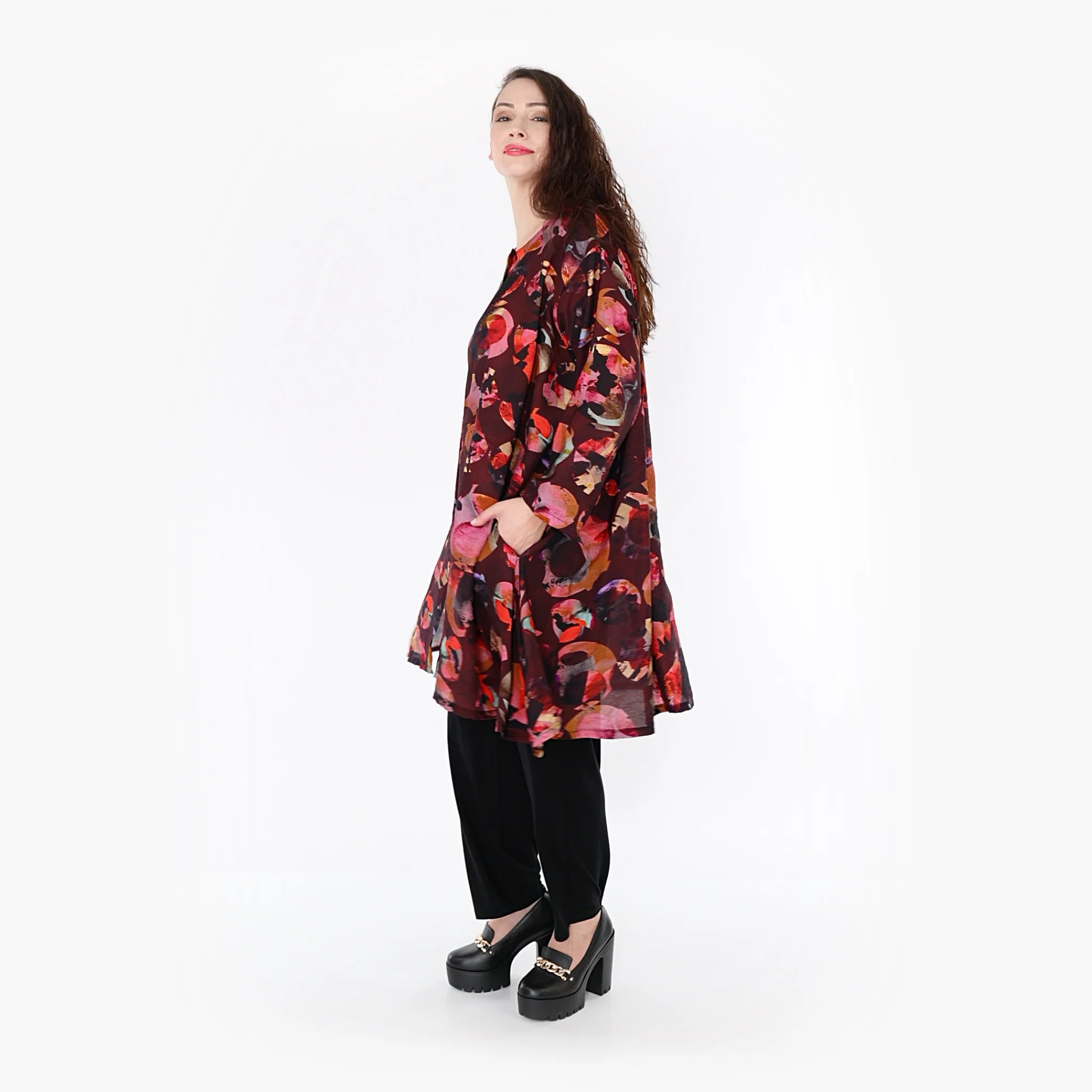  A-Form Jacke von AKH Fashion aus Viskose, 1335.02667, Weinrot-Mehrfarbig, Punkte, Schick