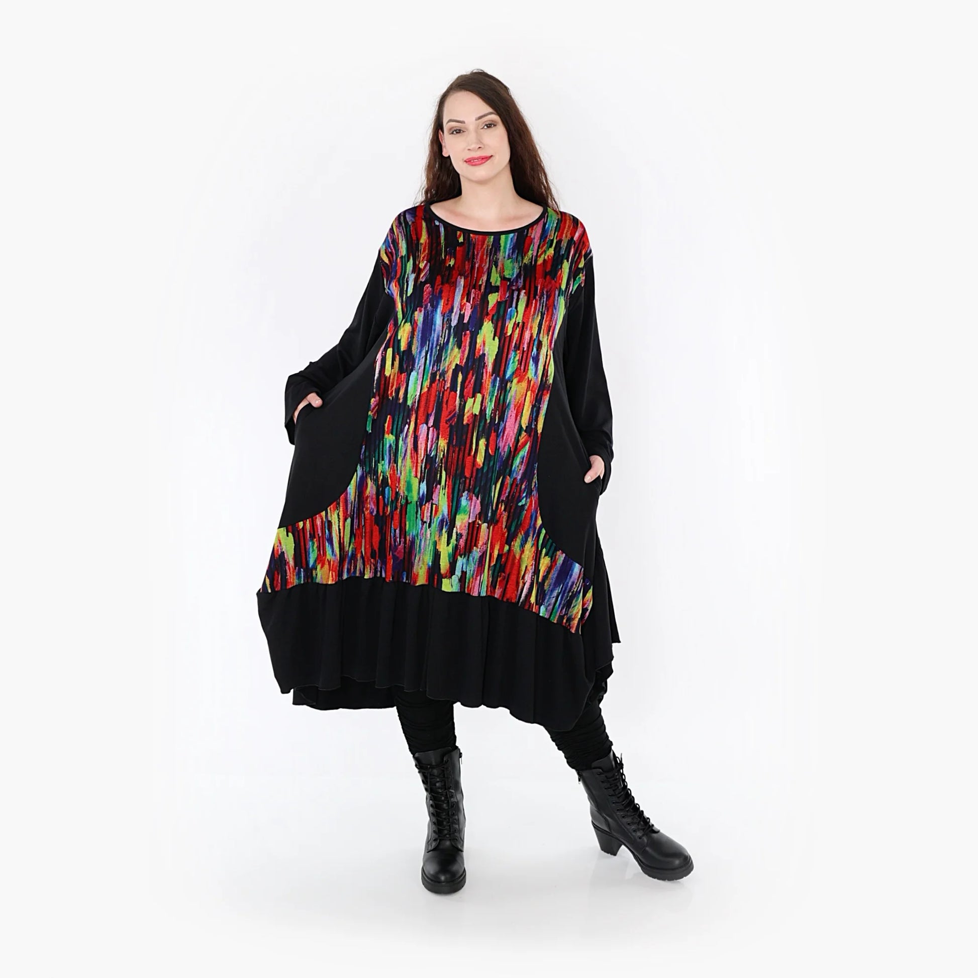  A-Form Kleid von AKH Fashion aus Viskose, 1350.06733, Schwarz-Multi, Pinselstrich, Schick