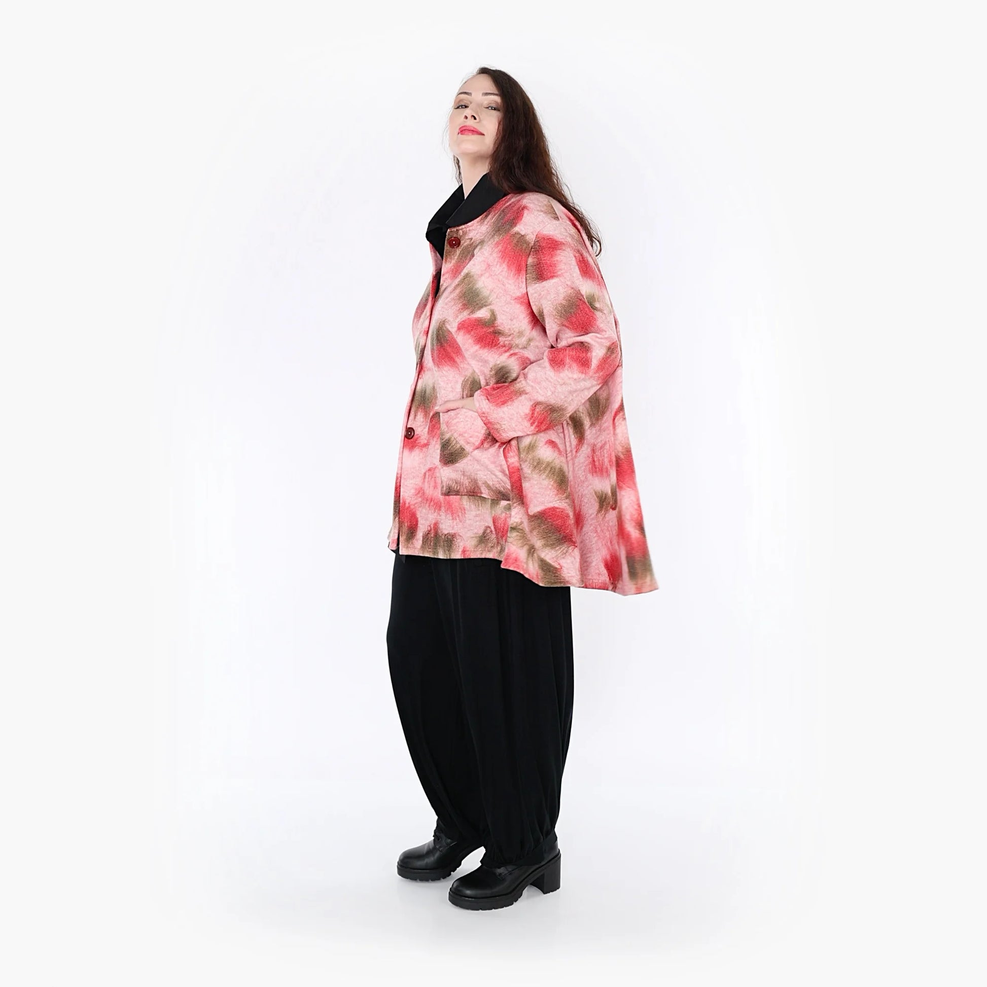  Oversize A-Form Jacke in pink-grün mit aufgesetzten Taschen für Plus Size Fashion