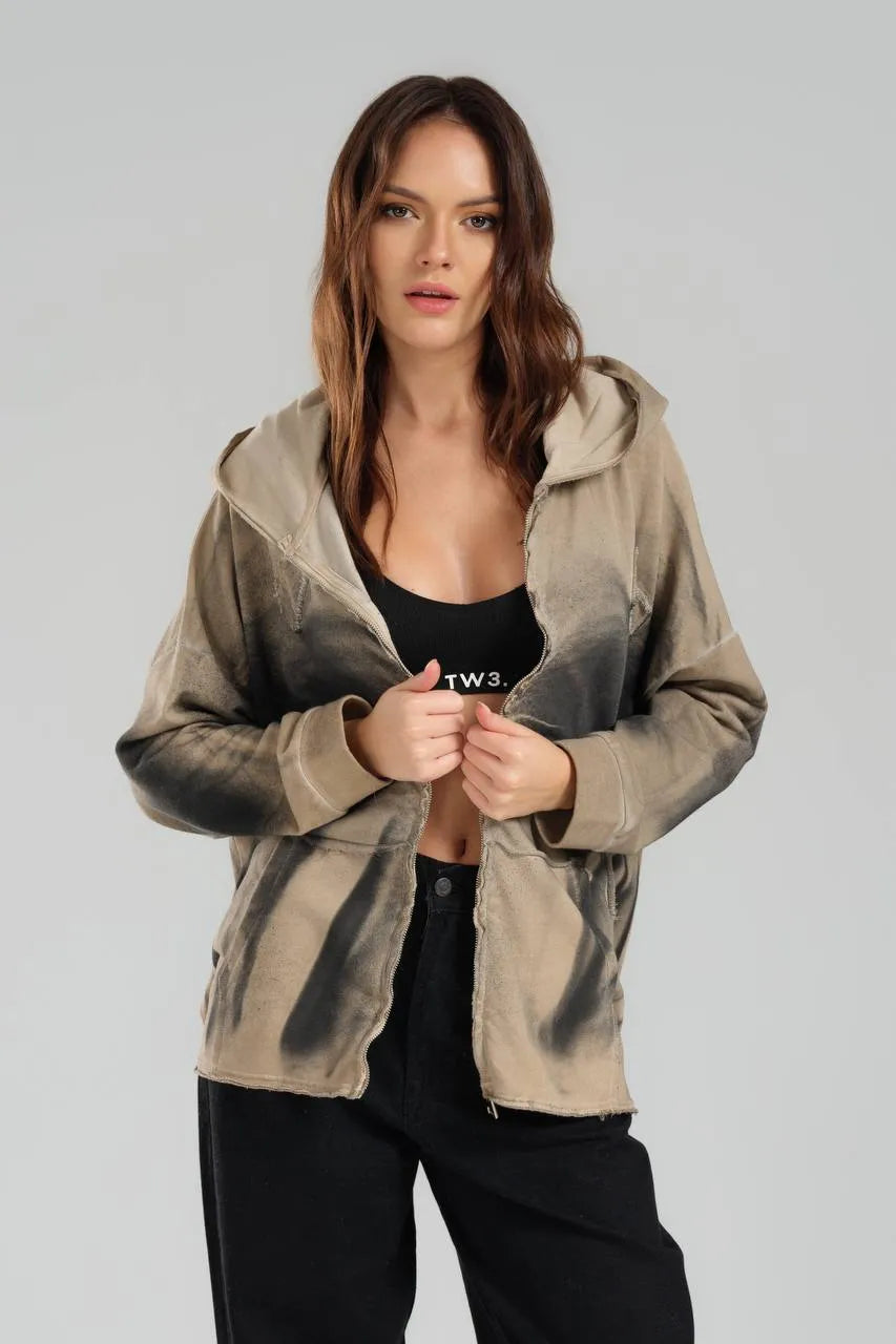  TW3 Pullover in kastiger Form, aus Baumwolle, 1047, Beige, Ausgefallen, mit Kapuze