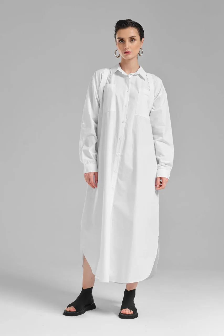  TW3 Kleid in gerundeter Form, aus Baumwolle, 1083, Weiß, Ausgefallen, mit Rucksack