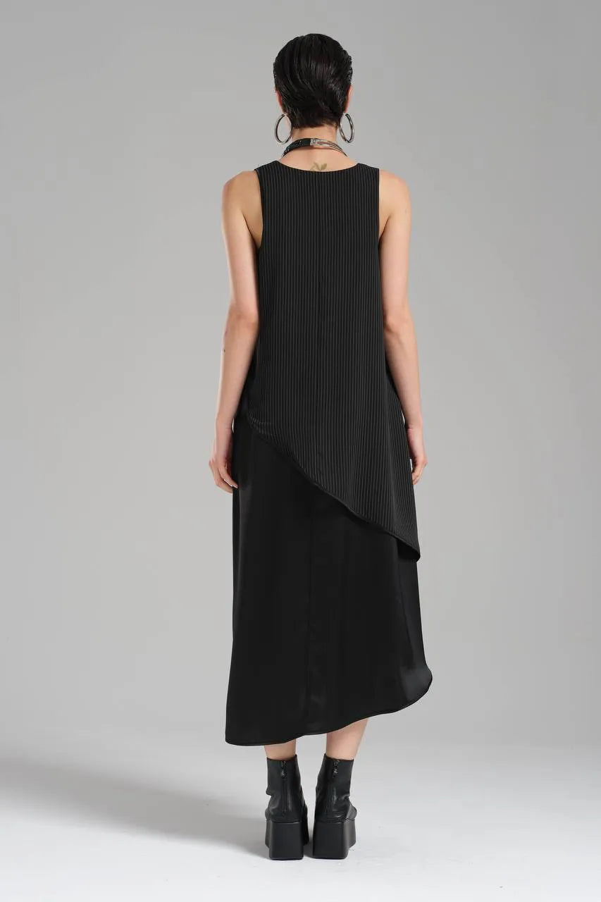  TW3 Kleid in asymmetrischer Form, aus Polyamid, 1202, Schwarz, Streifen, Ausgefallen