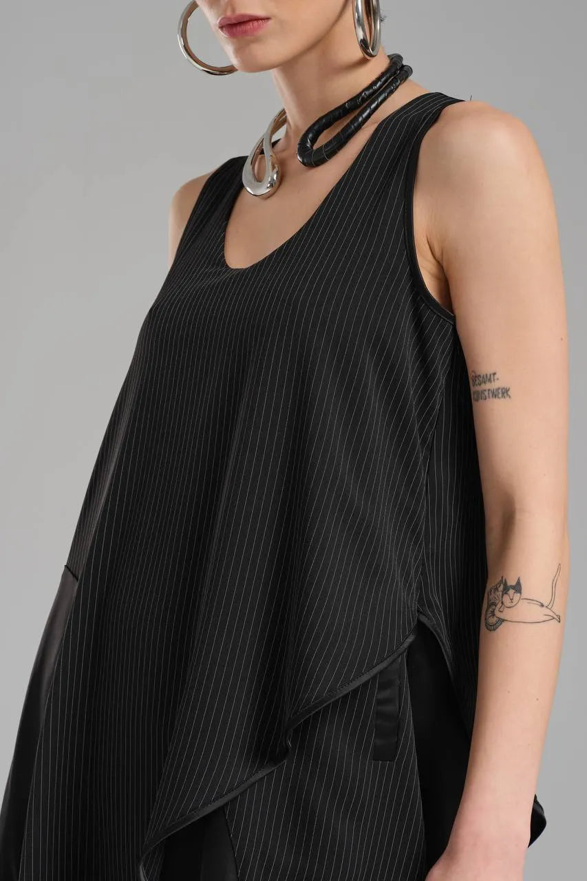  TW3 Kleid in asymmetrischer Form, aus Polyamid, 1202, Schwarz, Streifen, Ausgefallen