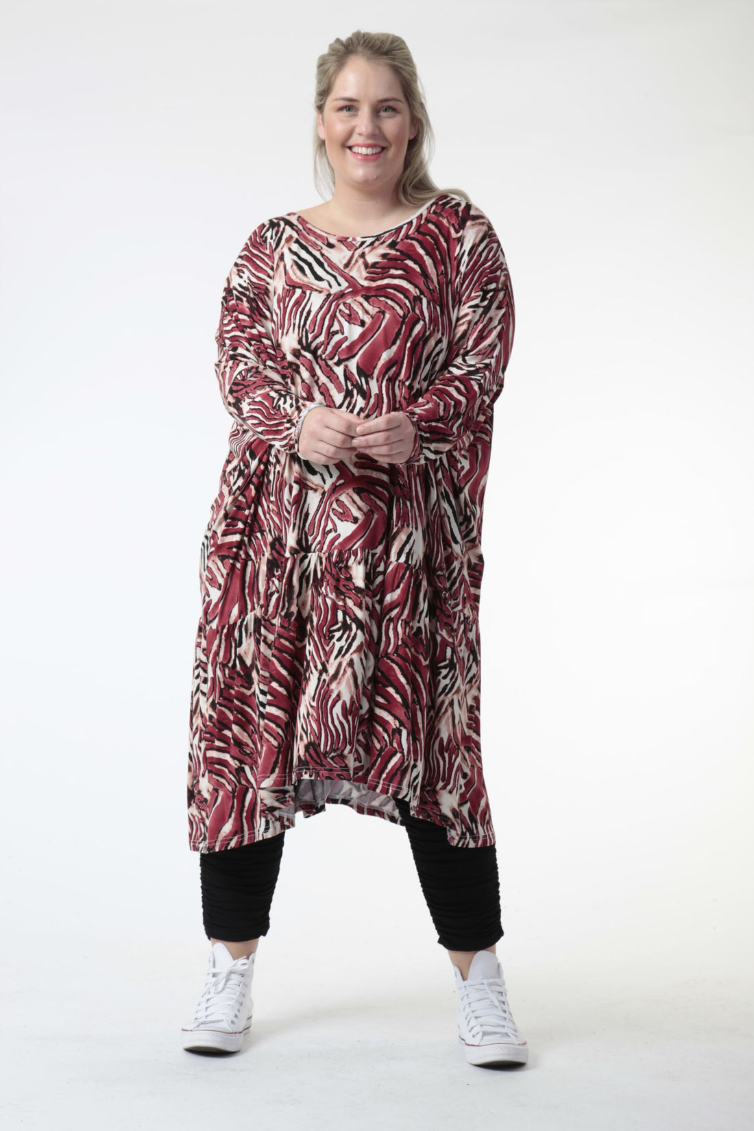  Bigshirt von AKH Fashion aus Viskose in gerader Form, 0733.06363, Natur-Bordeaux, Ausgefallen