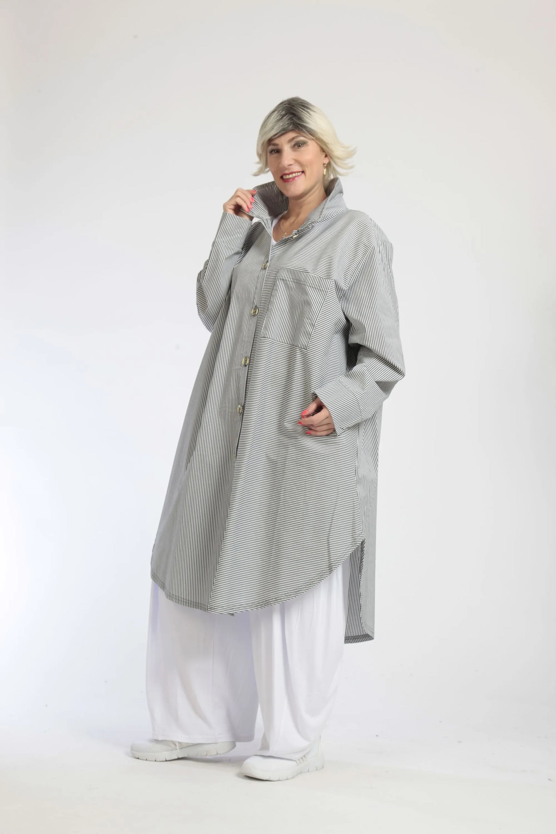  Bluse von AKH Fashion aus Baumwolle in gerundeter Form, 1044.06676, Grau-Weiß, Ausgefallen