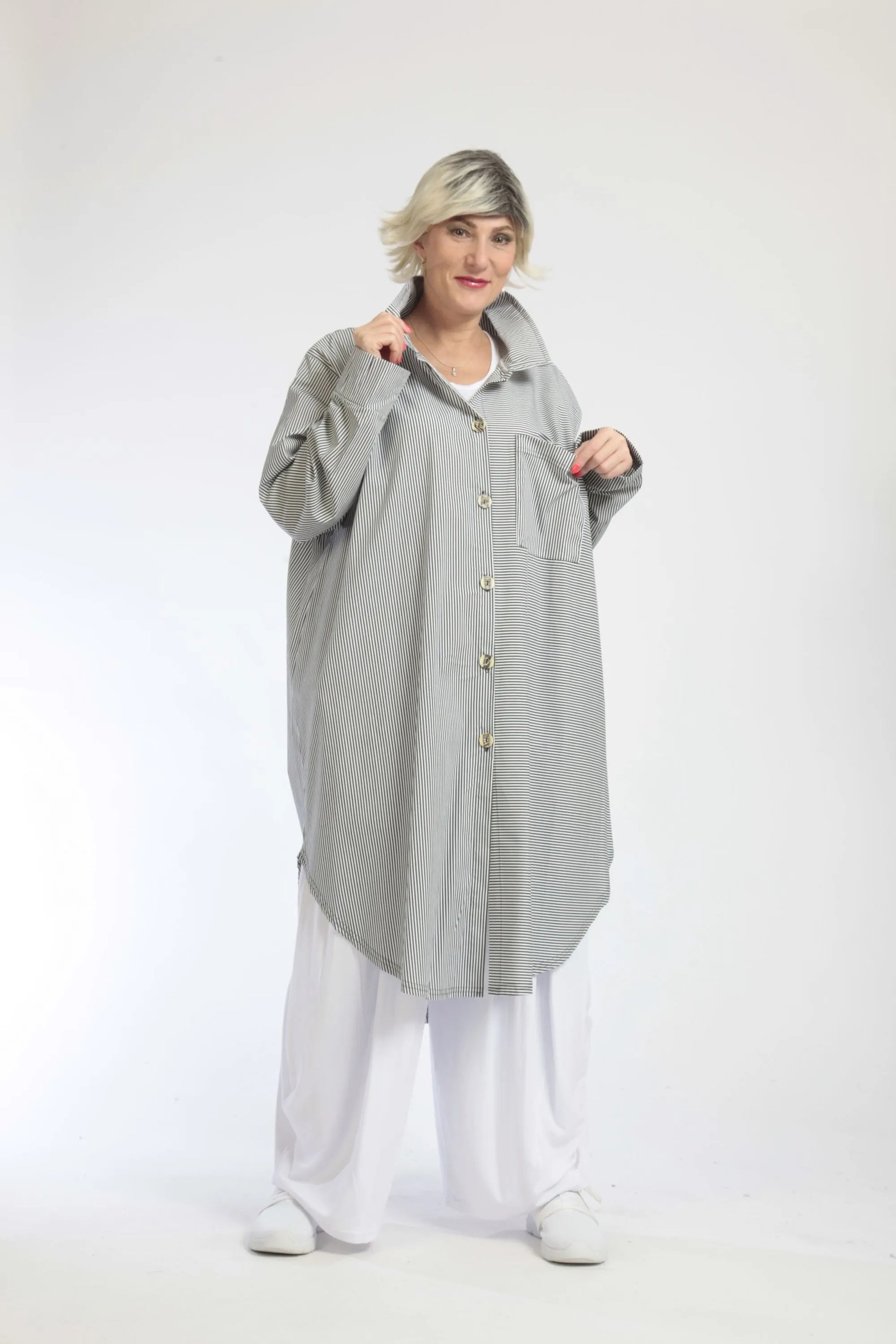  Bluse von AKH Fashion aus Baumwolle in gerundeter Form, 1044.06676, Grau-Weiß, Ausgefallen