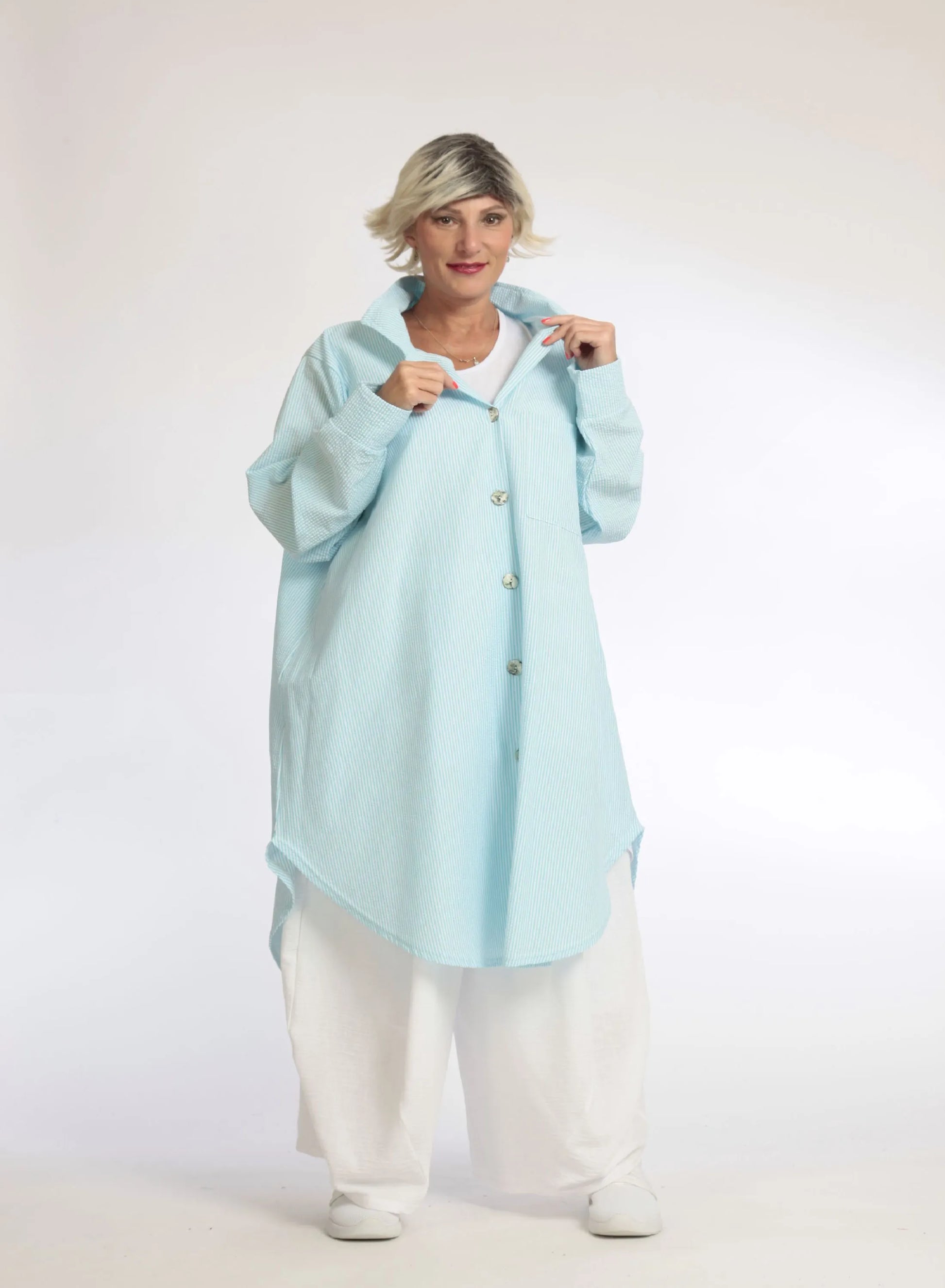  Bluse von AKH Fashion aus Baumwolle in gerundeter Form, 1058.06676, Hellblau, Ausgefallen