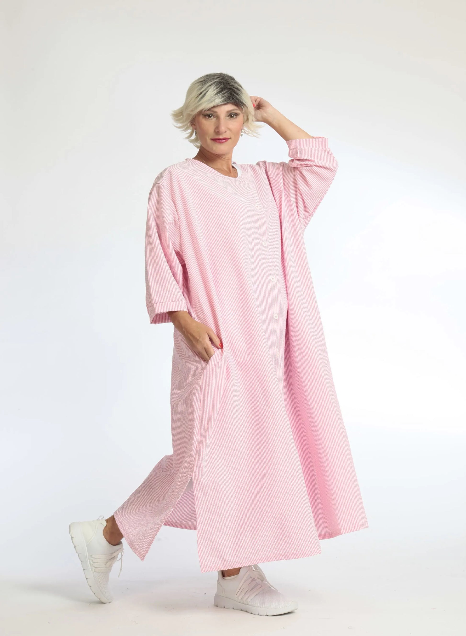  Lässiger Baumwollmantel im frischen Pink mit Seersucker-Textur für perfekten Lagenlook Plus Size